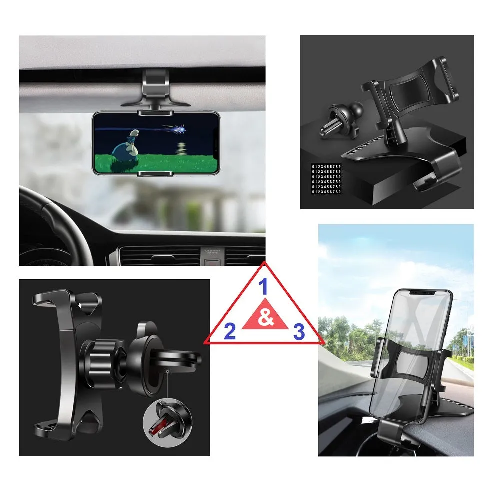3 in 1 Car GPS Smartphone Holder: Dashboard / Visor Clamp   AC Grid Clip for HP iPAQ Data Messenger - Black