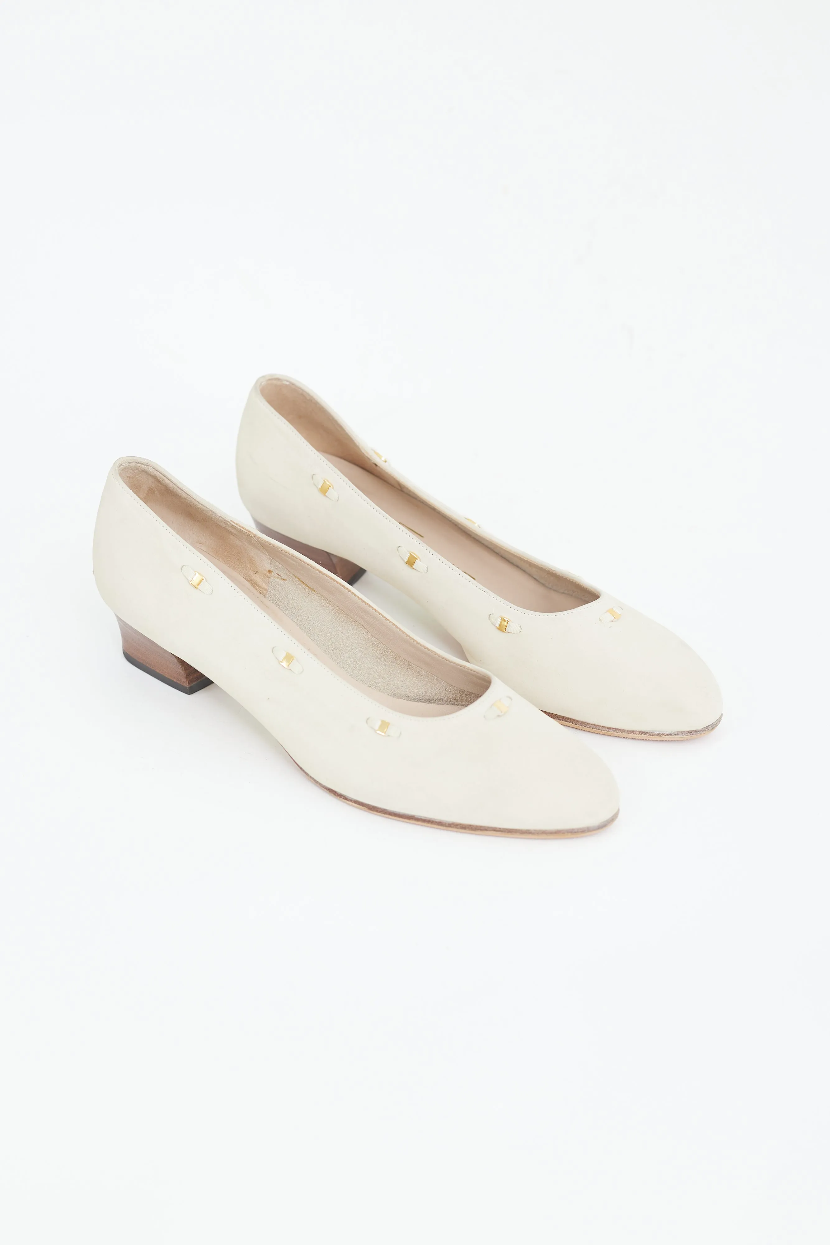 Beige & Gold Embellished Trim Suede Pump