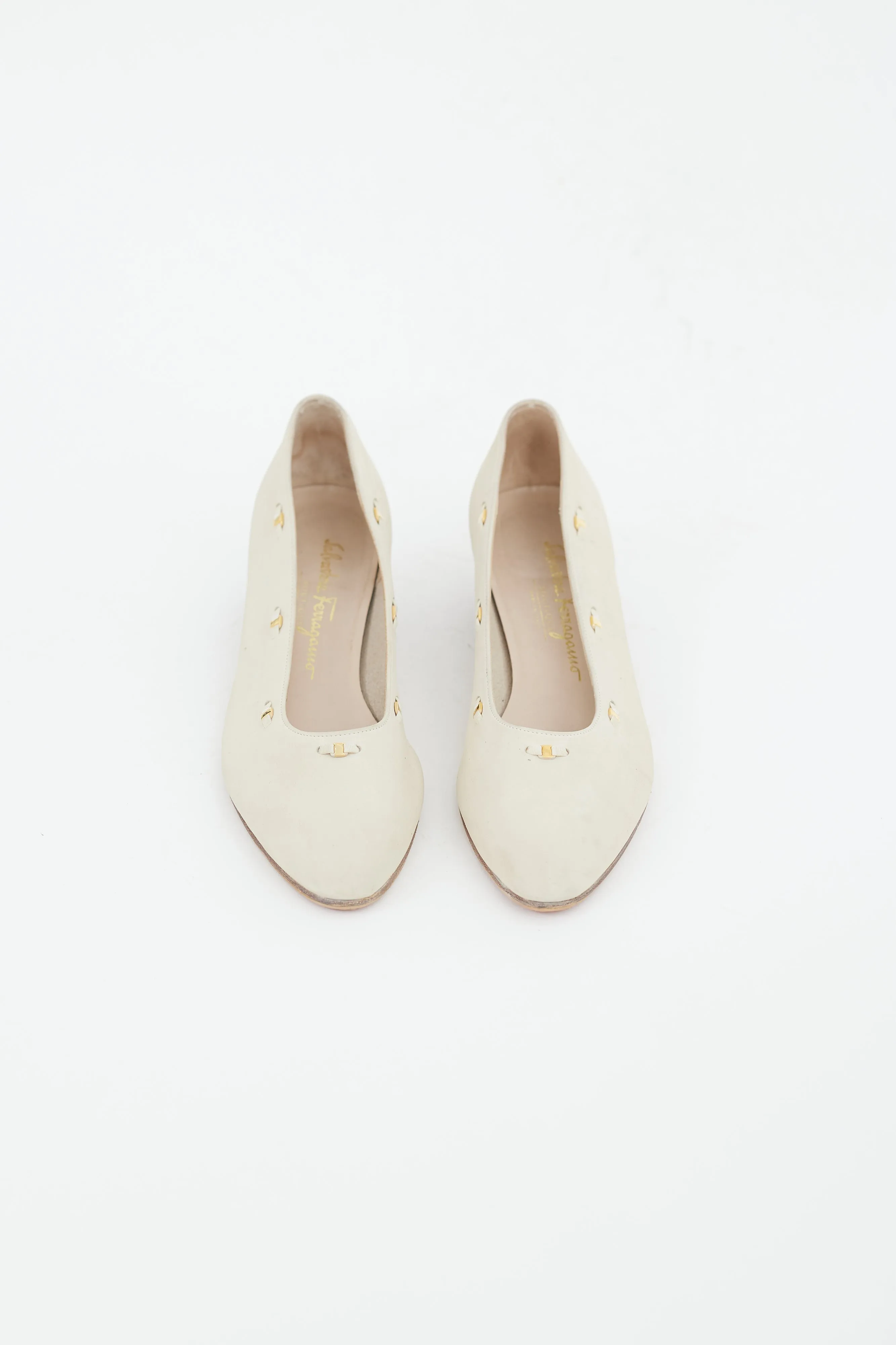 Beige & Gold Embellished Trim Suede Pump