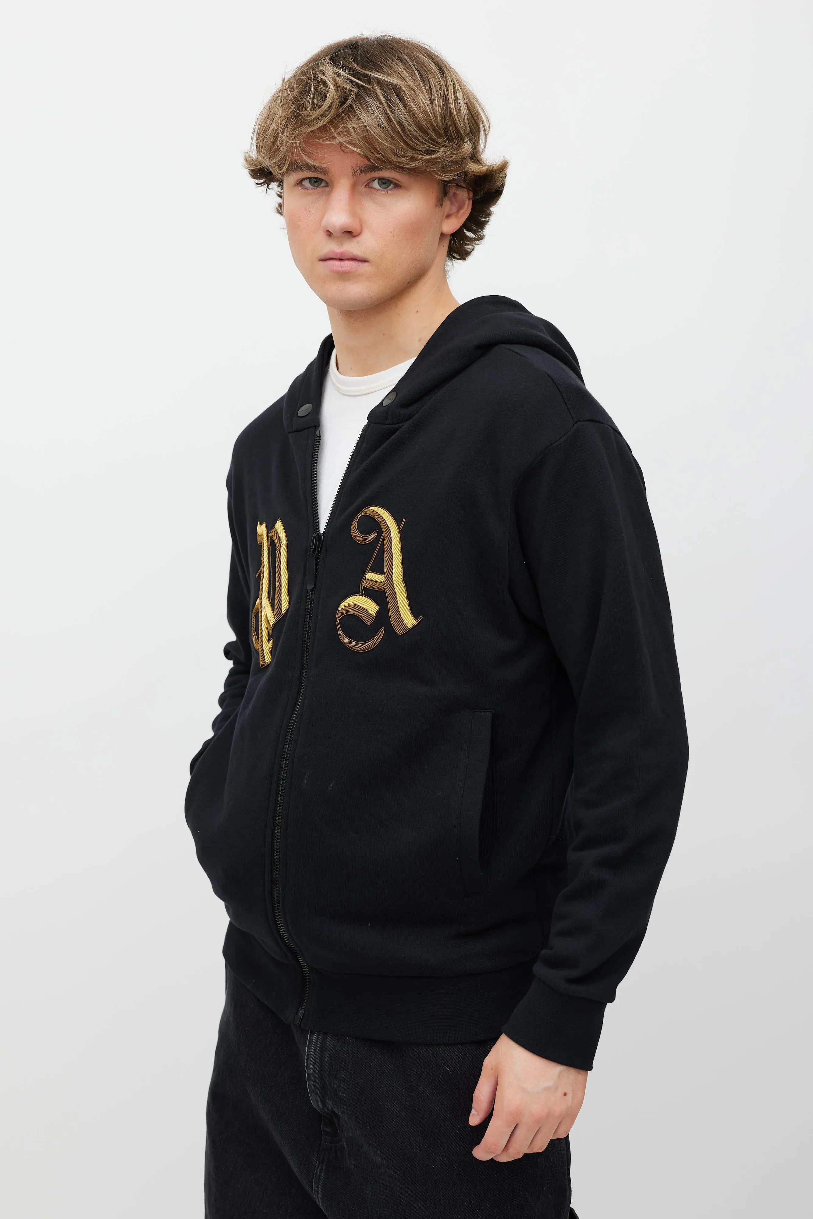 Black & Gold Embellished Logo Zip Hoodie