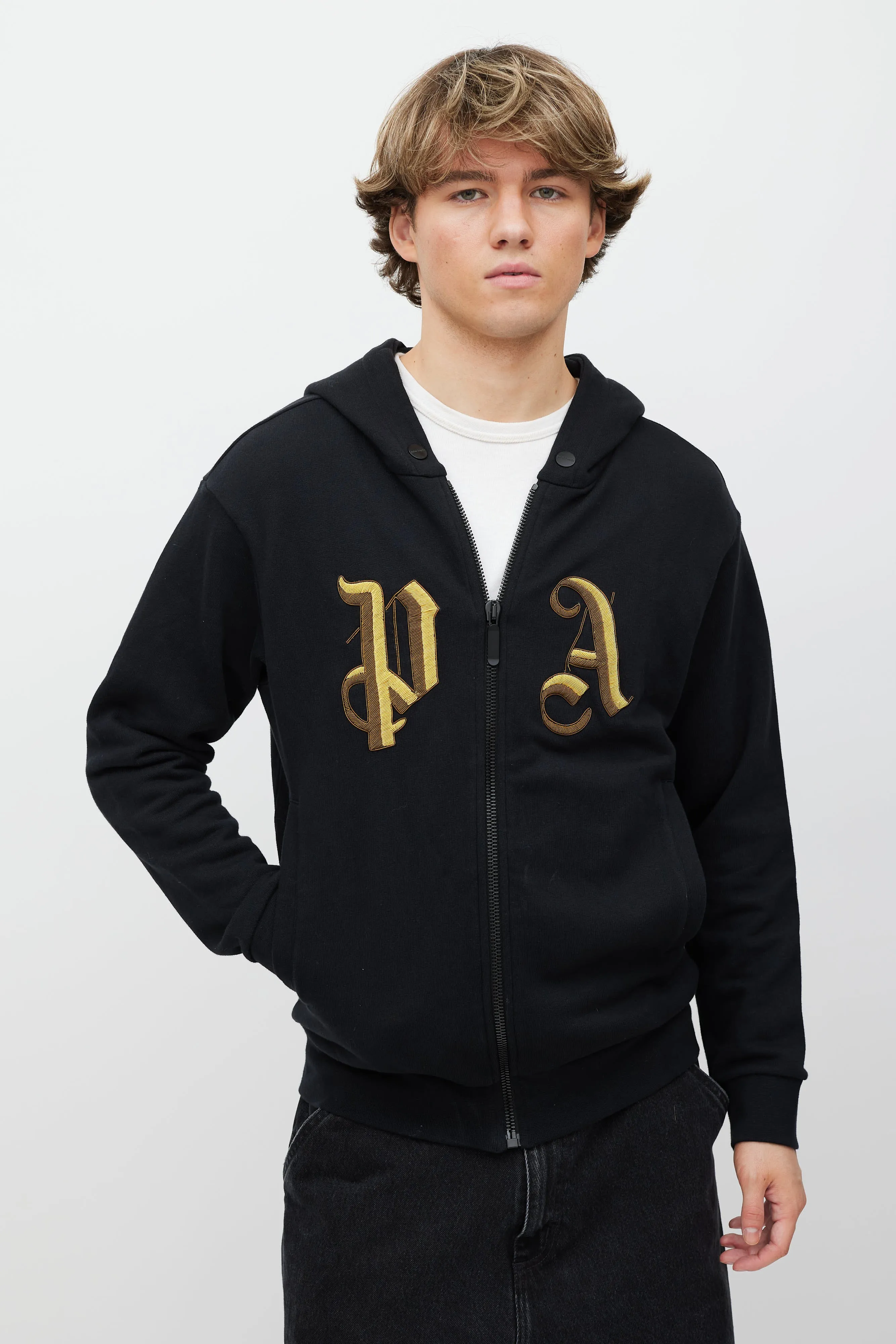 Black & Gold Embellished Logo Zip Hoodie