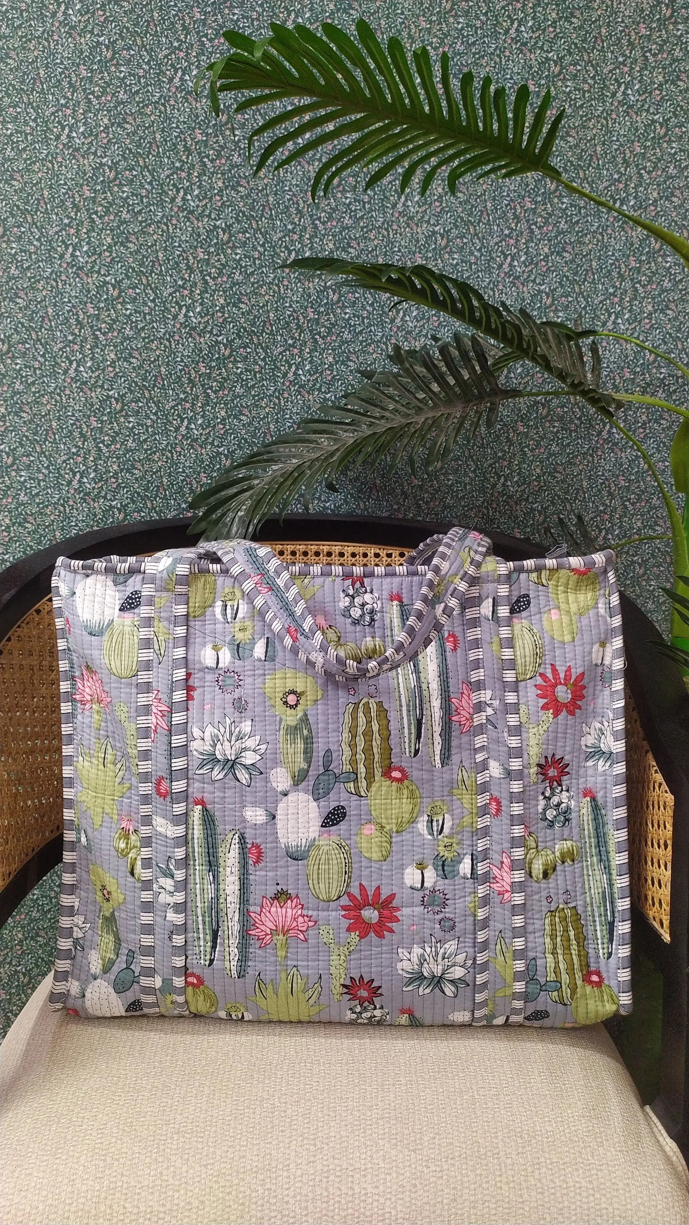 Blue Jute Handblock Printed Tote Bag With Concealed Zip