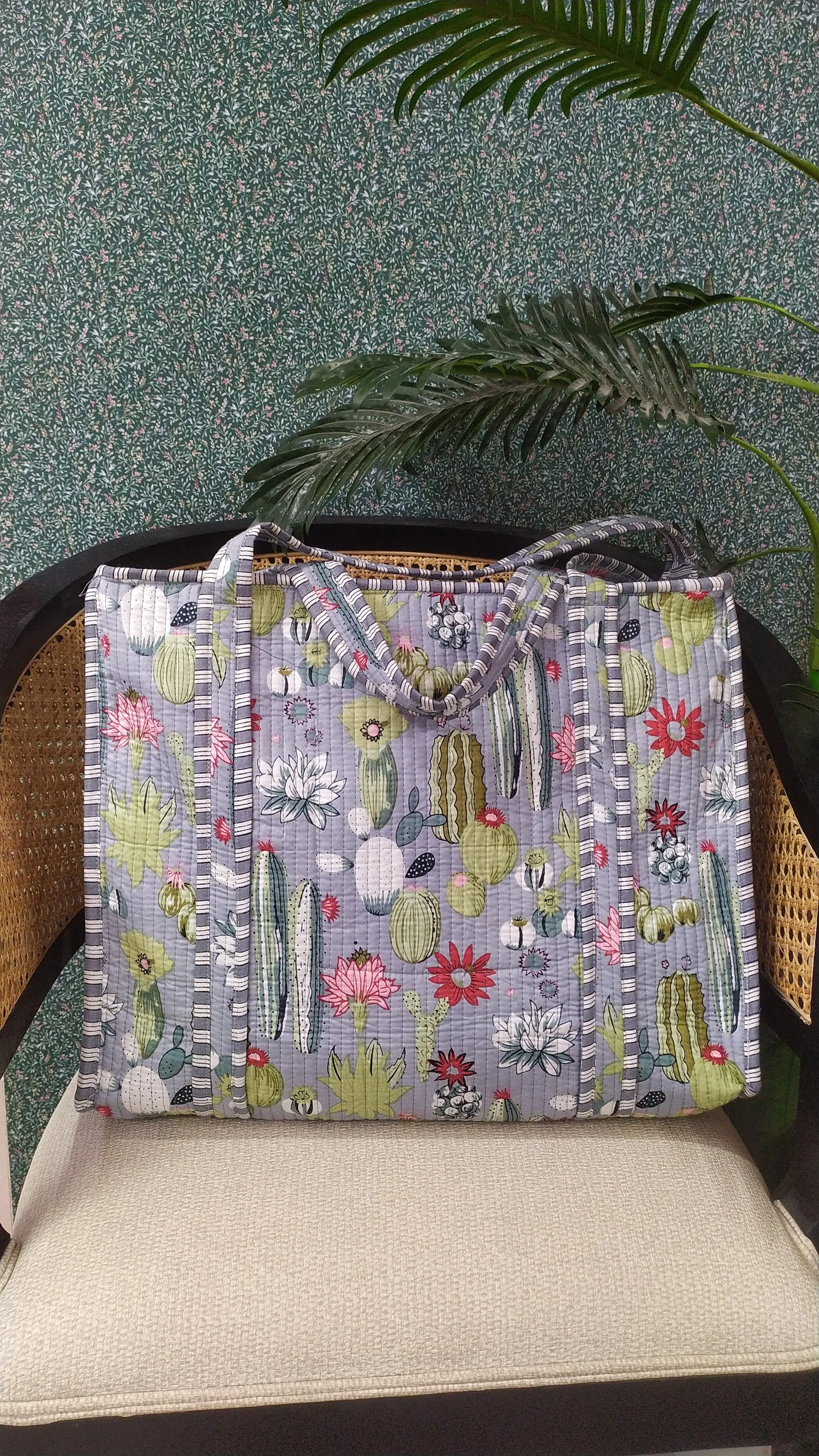 Blue Jute Handblock Printed Tote Bag With Concealed Zip