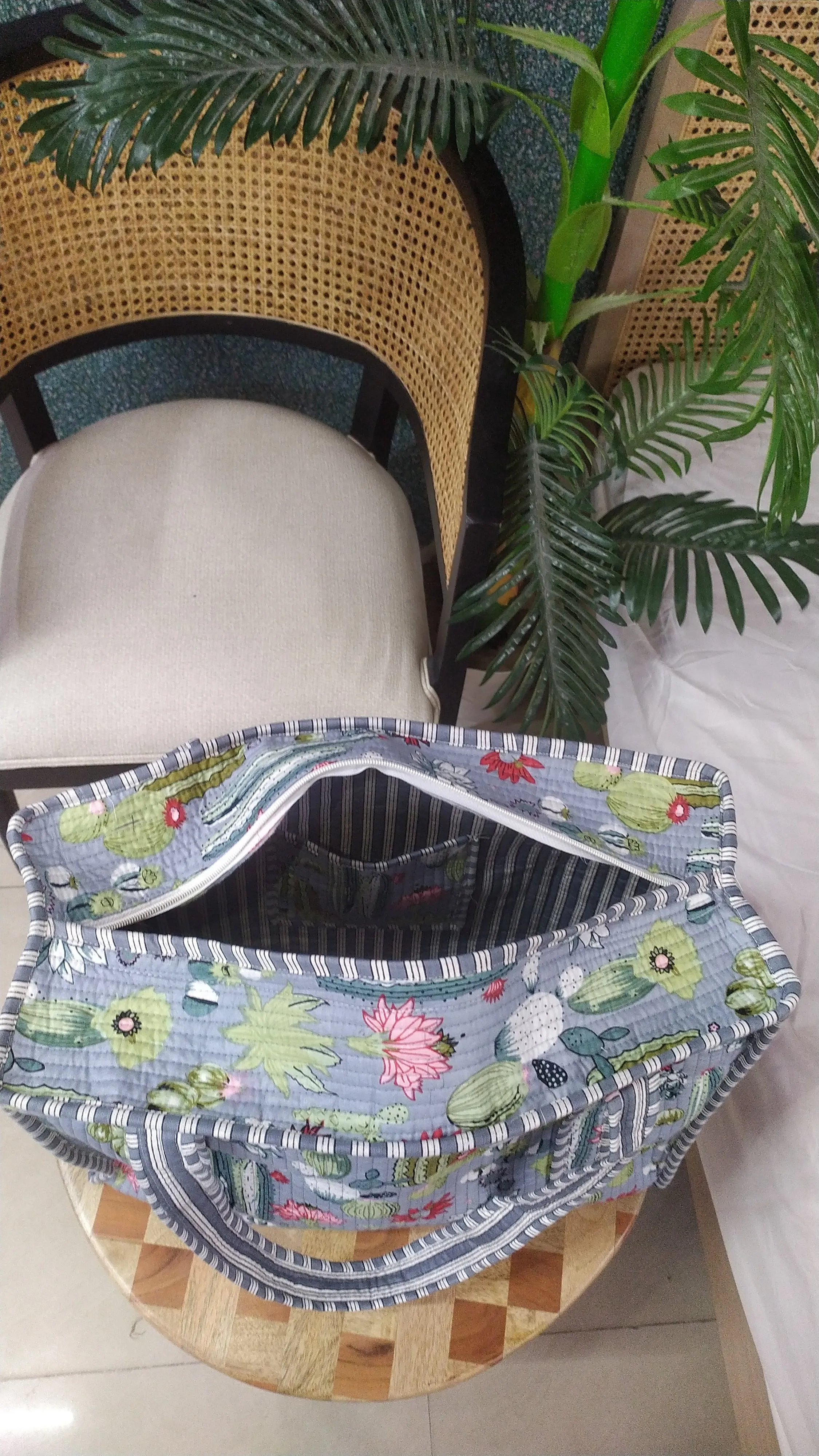 Blue Jute Handblock Printed Tote Bag With Concealed Zip
