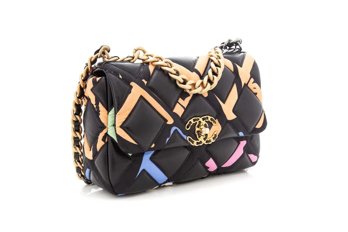 Chanel 19 Black Multicolor Printed Fabric &  Lambskin Handbag
