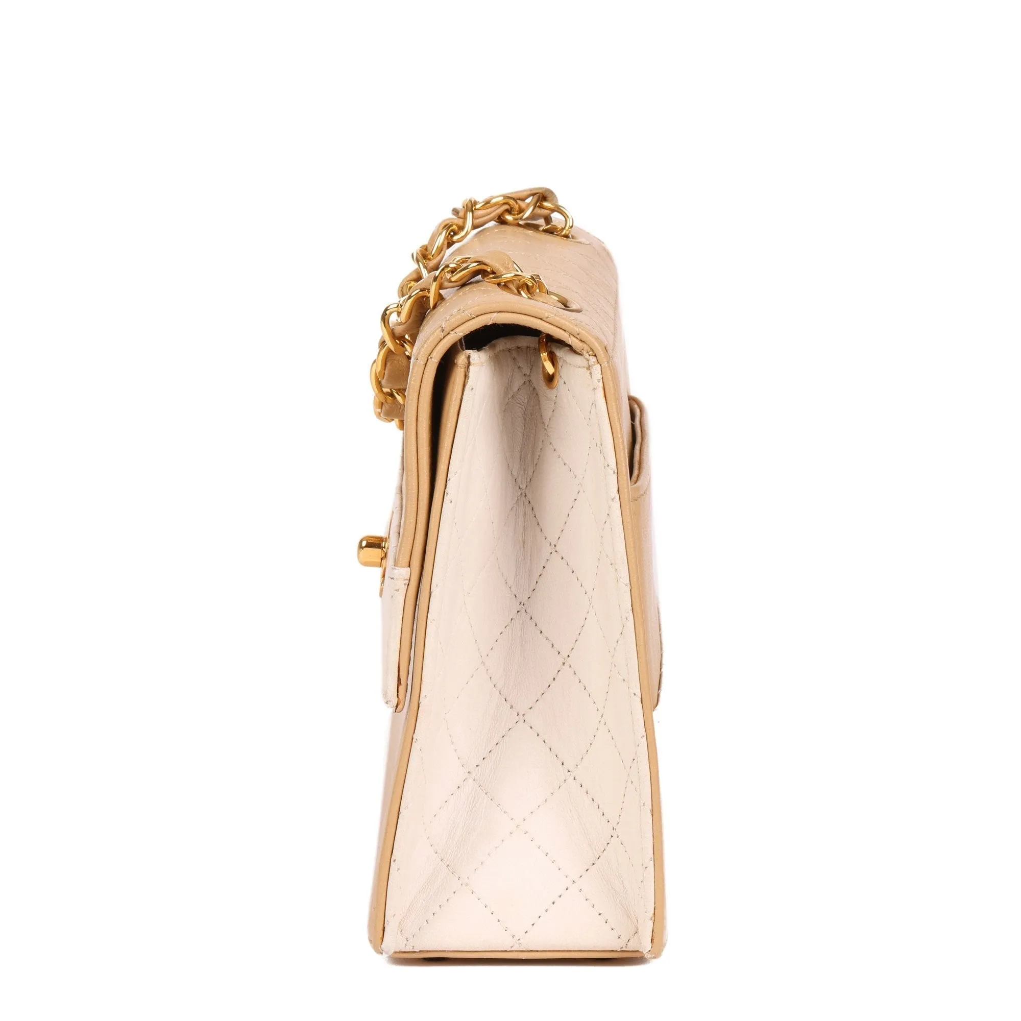 Chanel Beige & White Quilted Lambskin Vintage Mini Trapeze Classic Single Flap Bag with Pouch Shoulder Bag