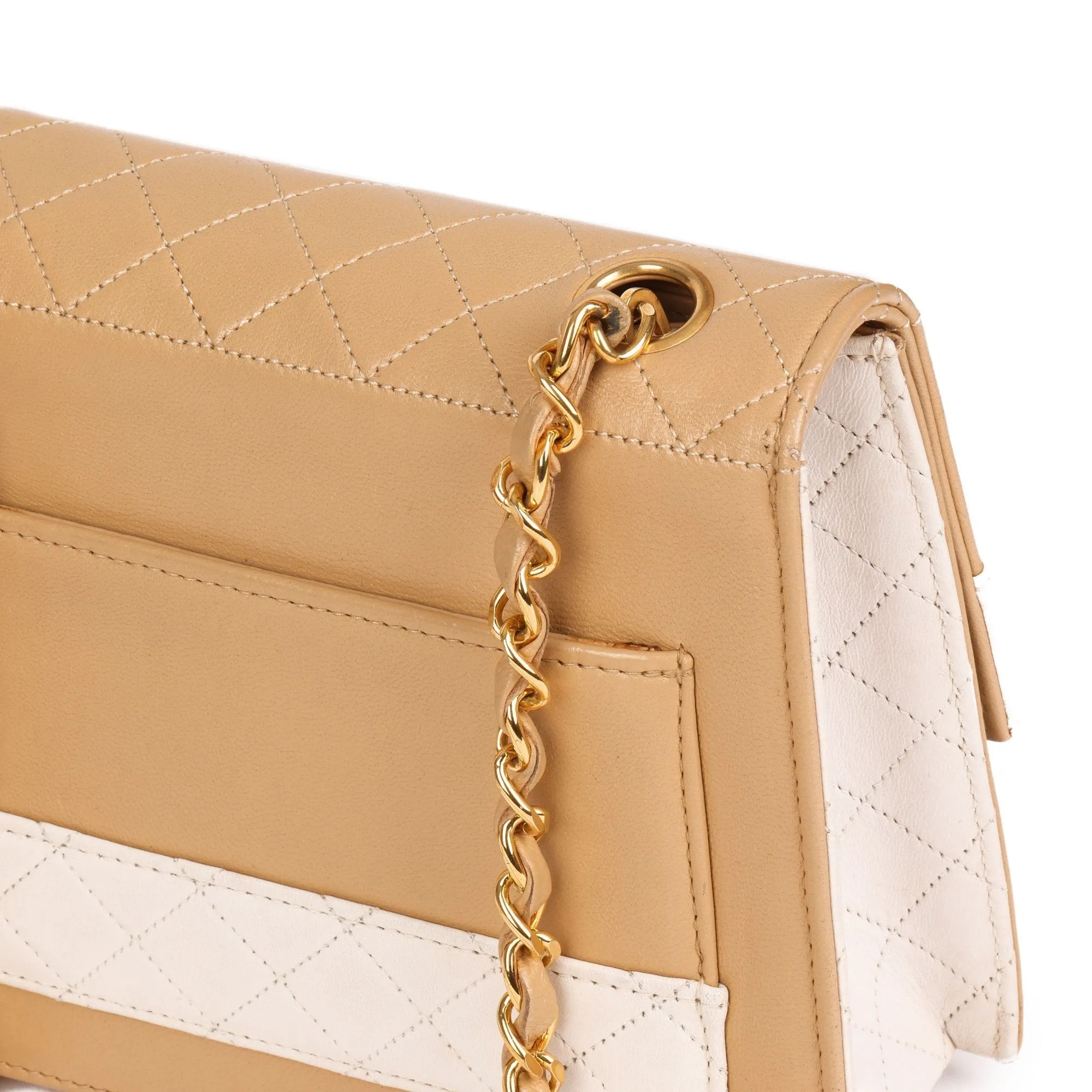 Chanel Beige & White Quilted Lambskin Vintage Mini Trapeze Classic Single Flap Bag with Pouch Shoulder Bag