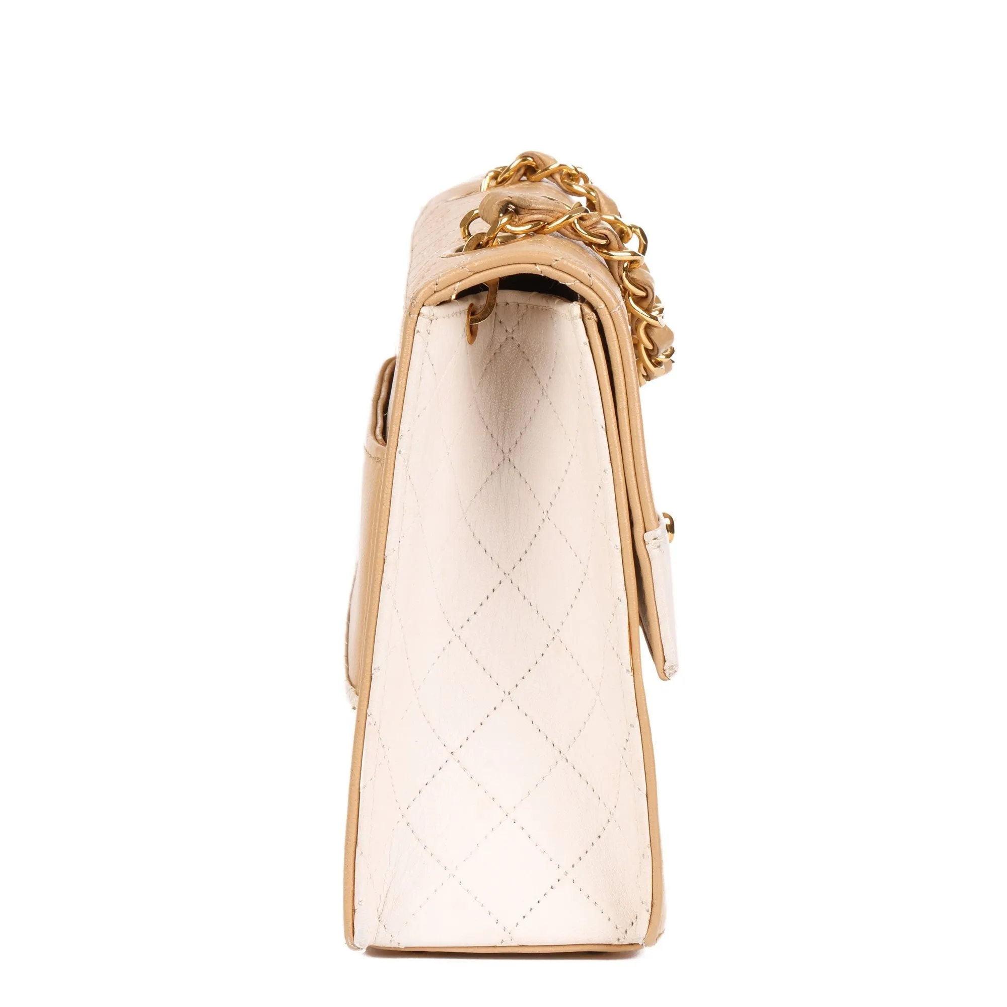 Chanel Beige & White Quilted Lambskin Vintage Mini Trapeze Classic Single Flap Bag with Pouch Shoulder Bag