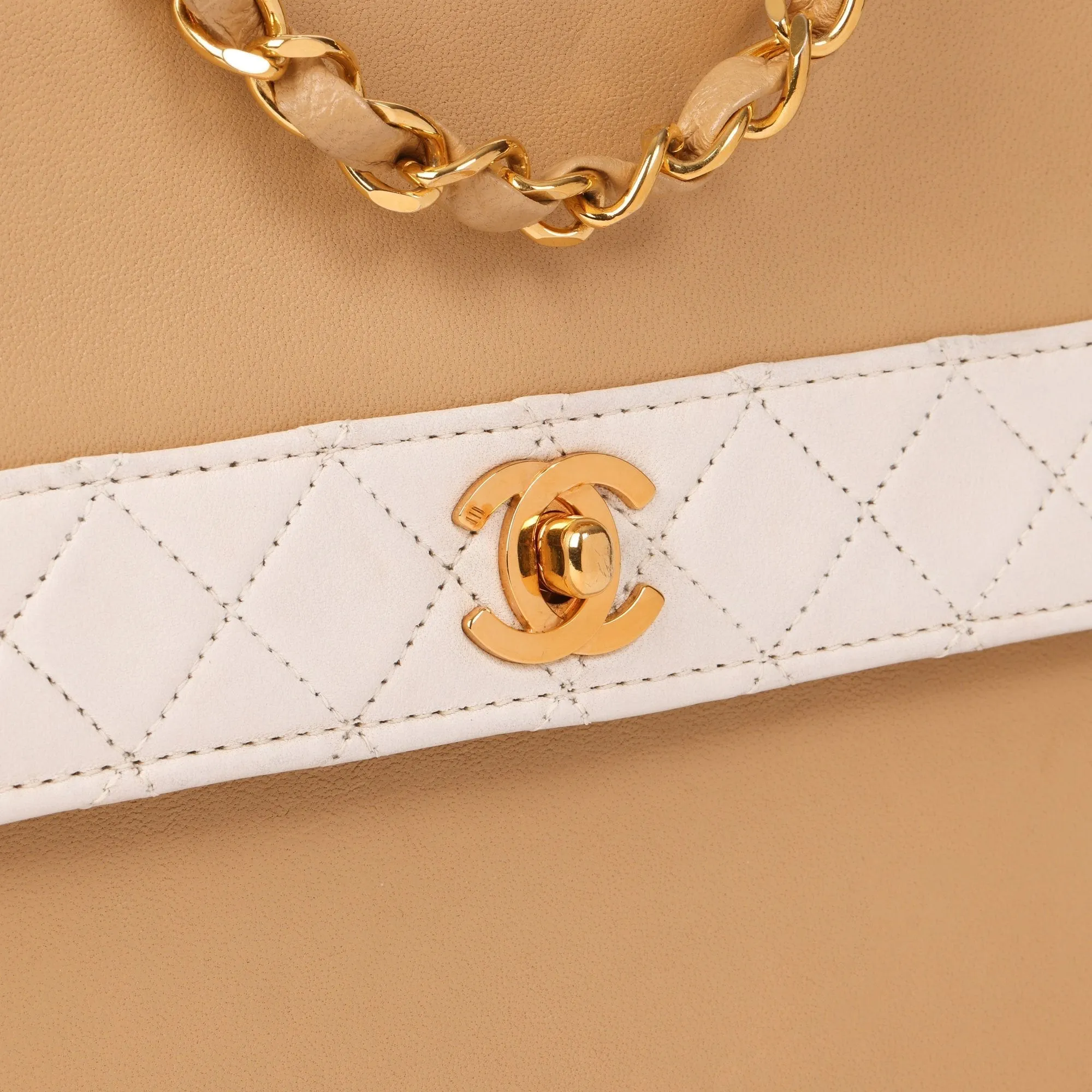 Chanel Beige & White Quilted Lambskin Vintage Mini Trapeze Classic Single Flap Bag with Pouch Shoulder Bag
