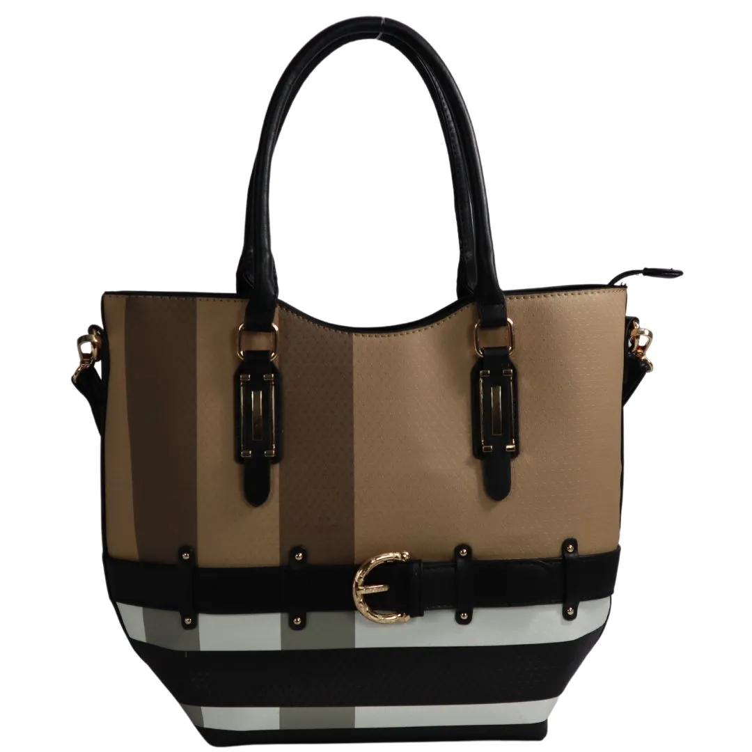 Checker Plaid Print Belt Accent Tote Wallet Set PMDX91003B2
