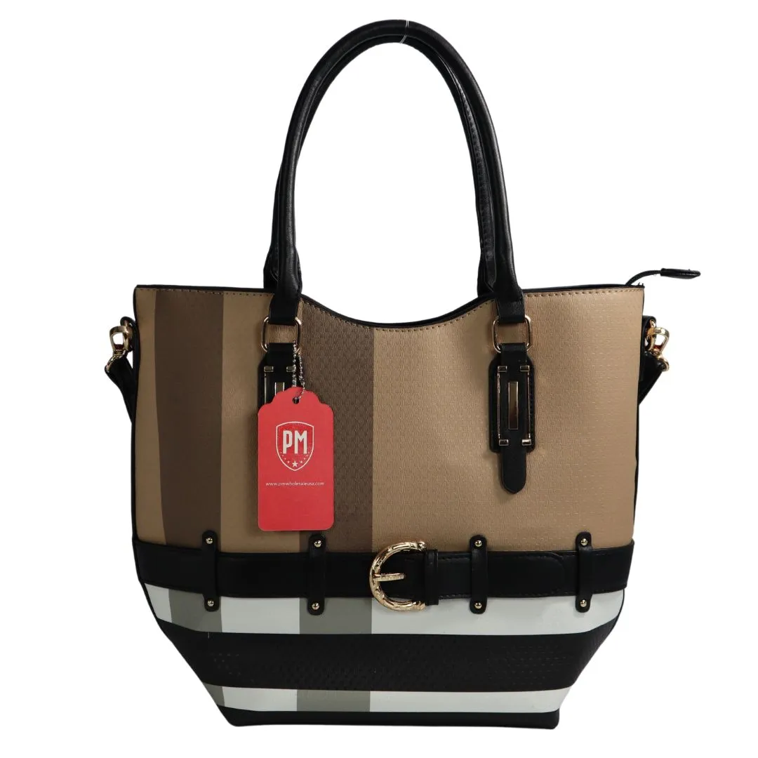 Checker Plaid Print Belt Accent Tote Wallet Set PMDX91003B2