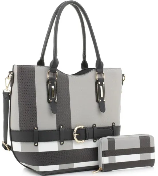 Checker Plaid Print Belt Accent Tote Wallet Set PMDX91003B2