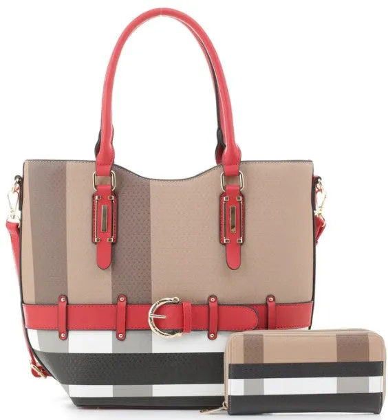 Checker Plaid Print Belt Accent Tote Wallet Set PMDX91003B2