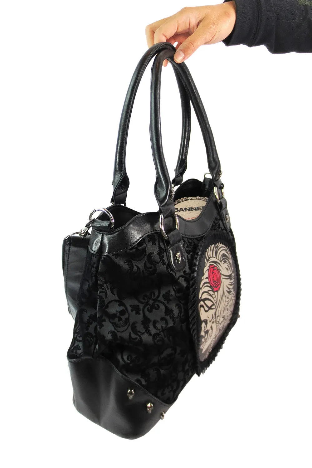 Gothic Flocked Skull Cameo Skull Lady Rose Black Handbag