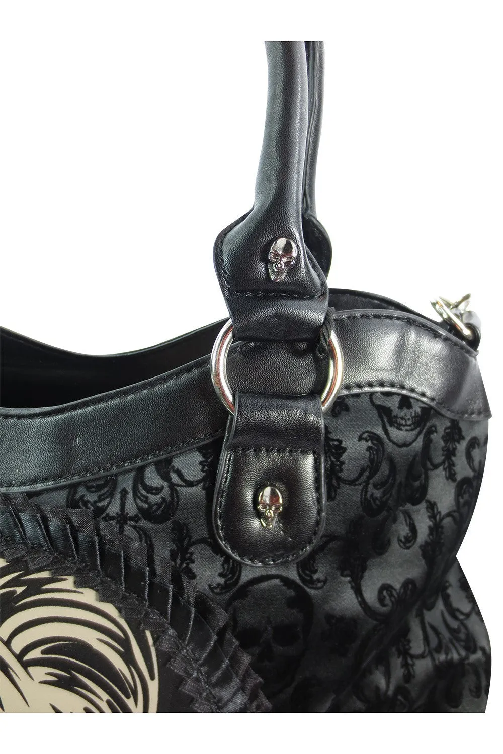 Gothic Flocked Skull Cameo Skull Lady Rose Black Handbag