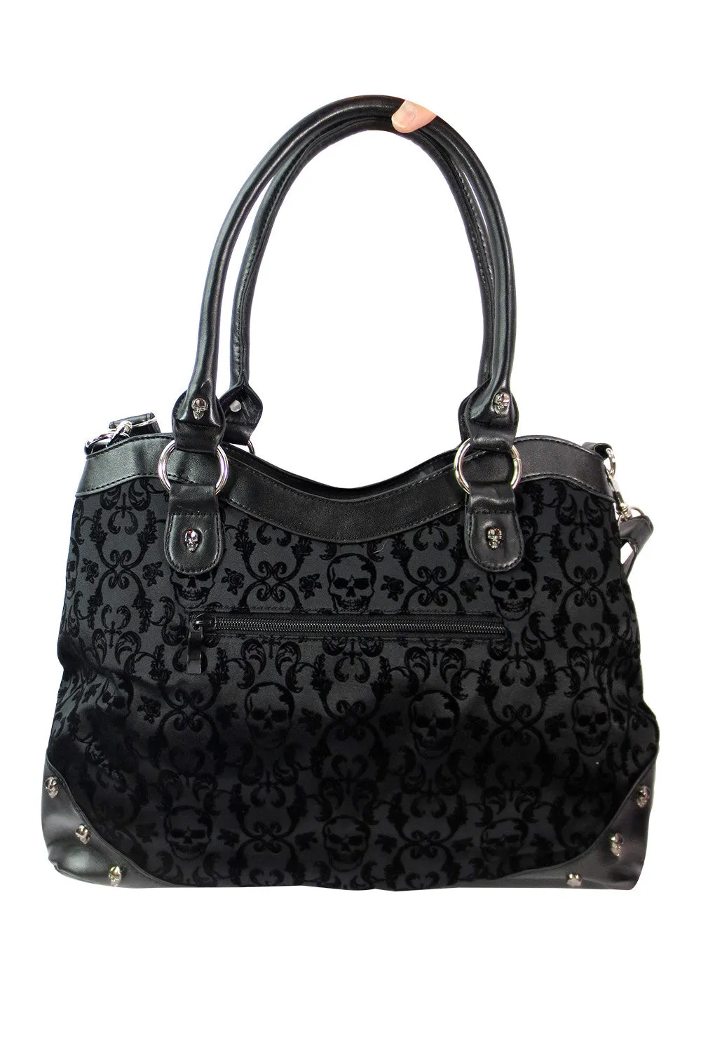 Gothic Flocked Skull Cameo Skull Lady Rose Black Handbag