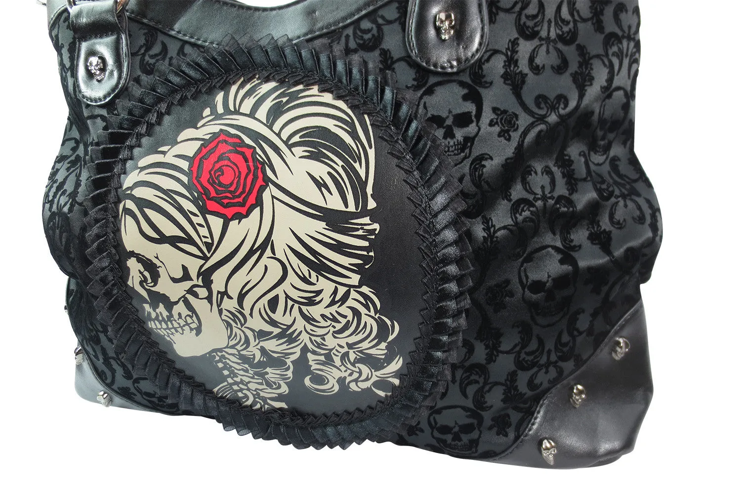 Gothic Flocked Skull Cameo Skull Lady Rose Black Handbag