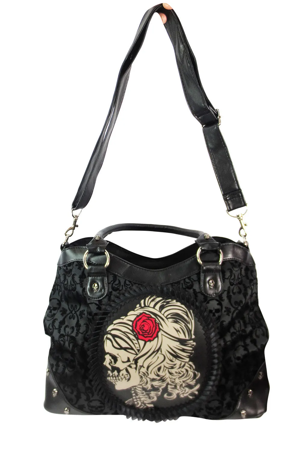 Gothic Flocked Skull Cameo Skull Lady Rose Black Handbag