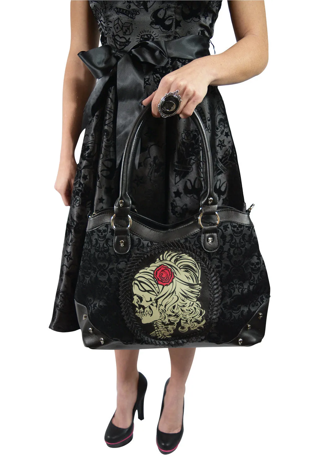 Gothic Flocked Skull Cameo Skull Lady Rose Black Handbag