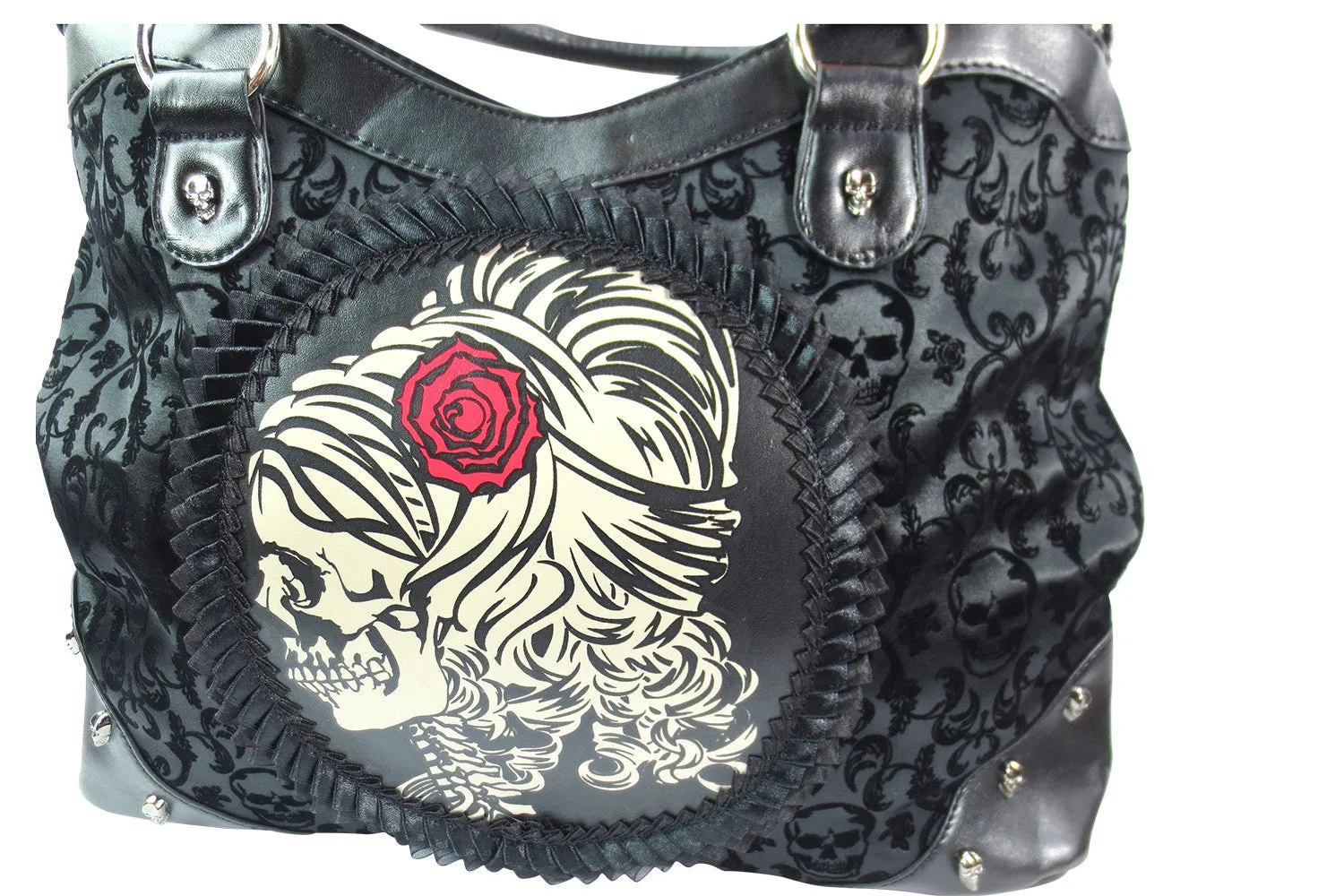 Gothic Flocked Skull Cameo Skull Lady Rose Black Handbag
