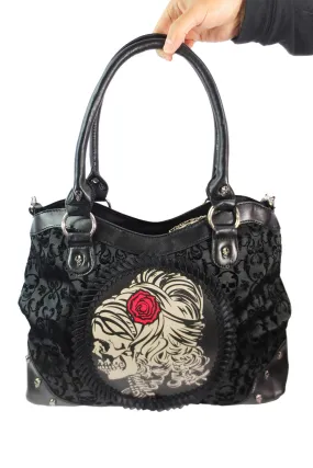 Gothic Flocked Skull Cameo Skull Lady Rose Black Handbag