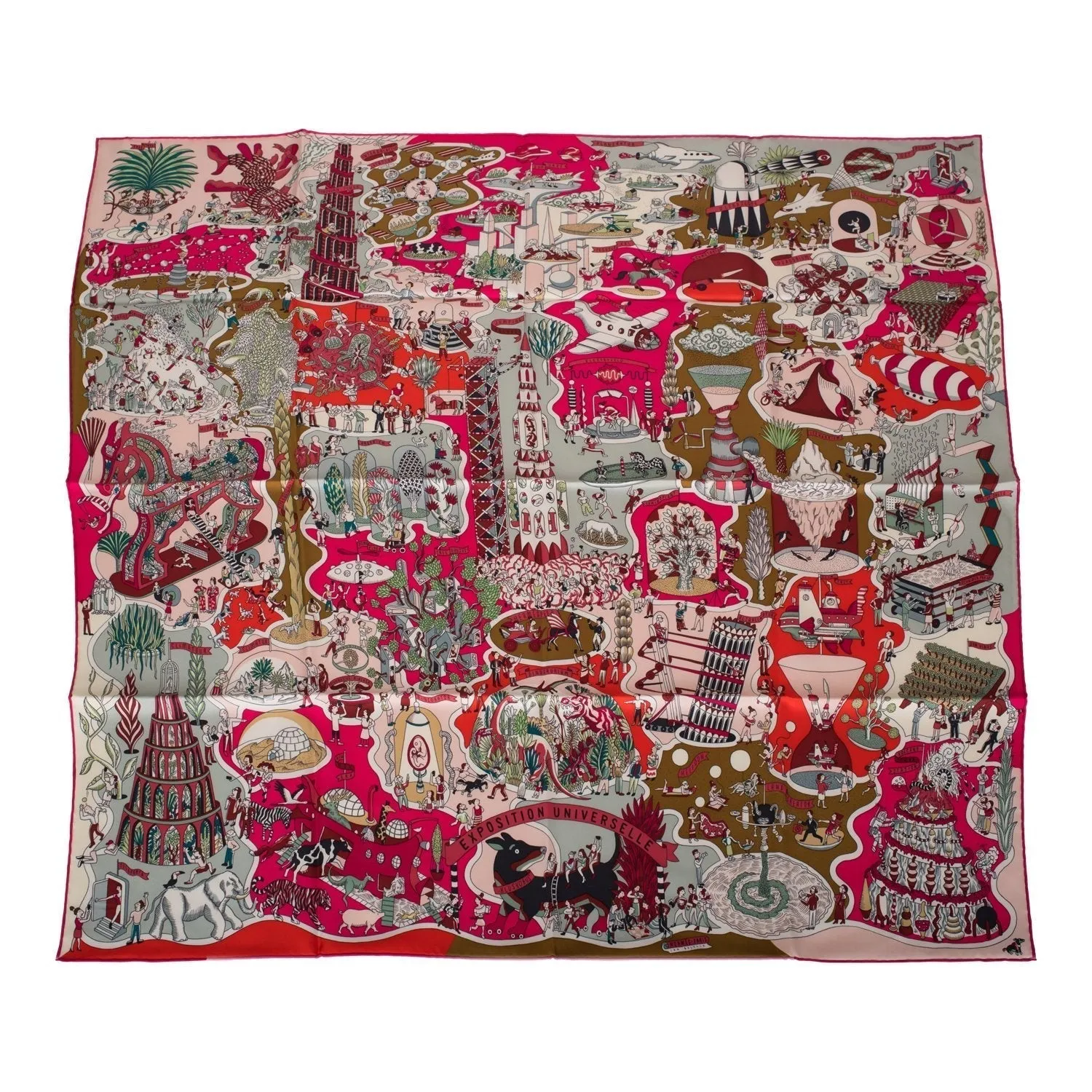 Hermes "Exposition Universelle" Rose Vif Silk Twill Scarf 90cm