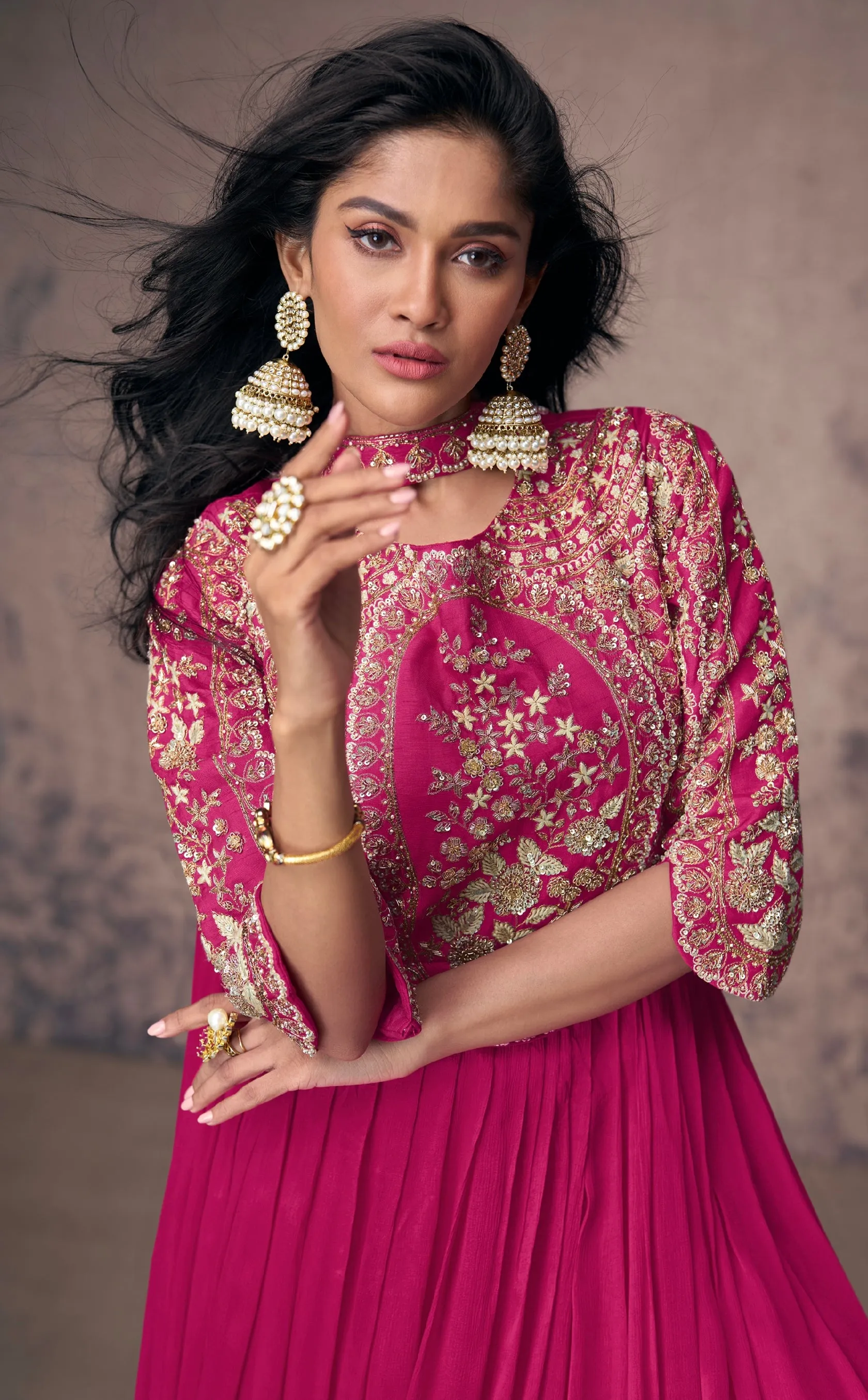 Magenta Real Chinon Silk Anarkali Suit with Gold Embroidery and Dupatta