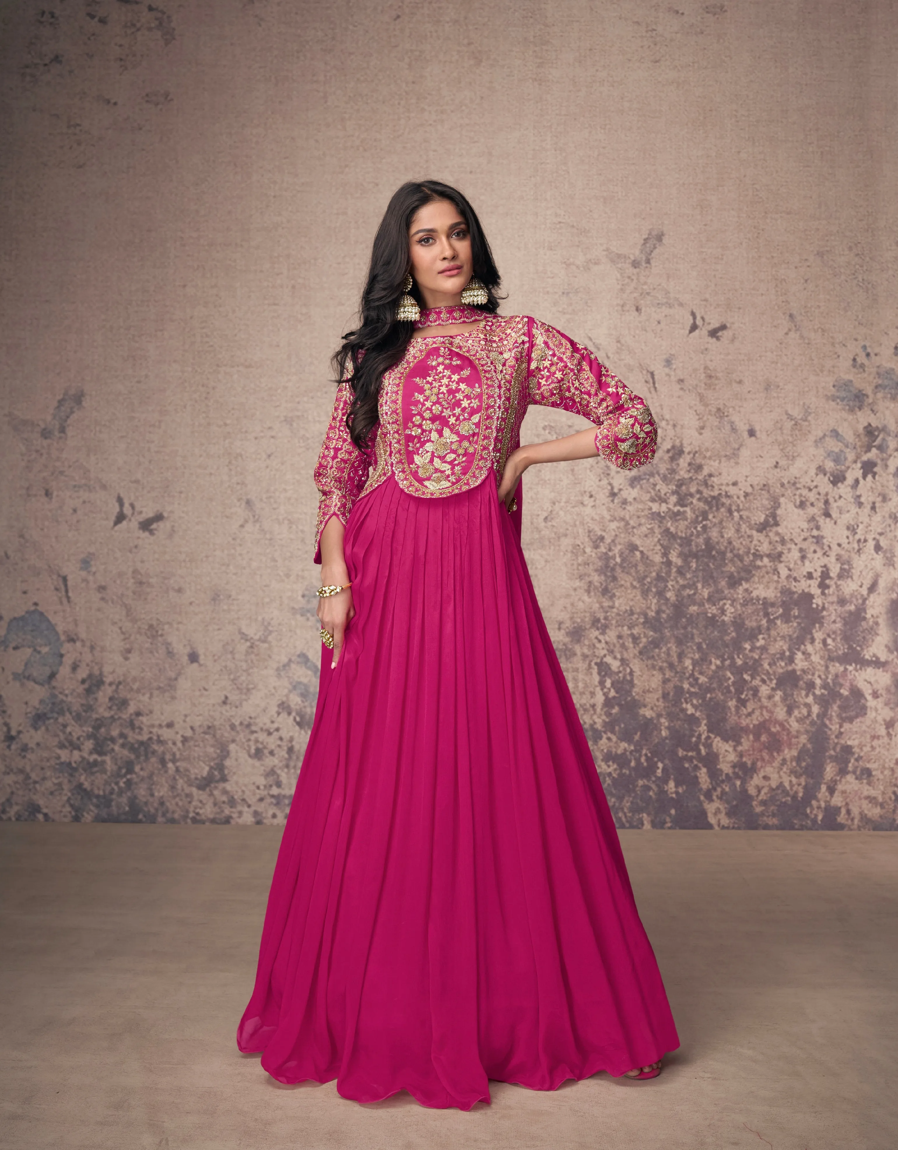 Magenta Real Chinon Silk Anarkali Suit with Gold Embroidery and Dupatta