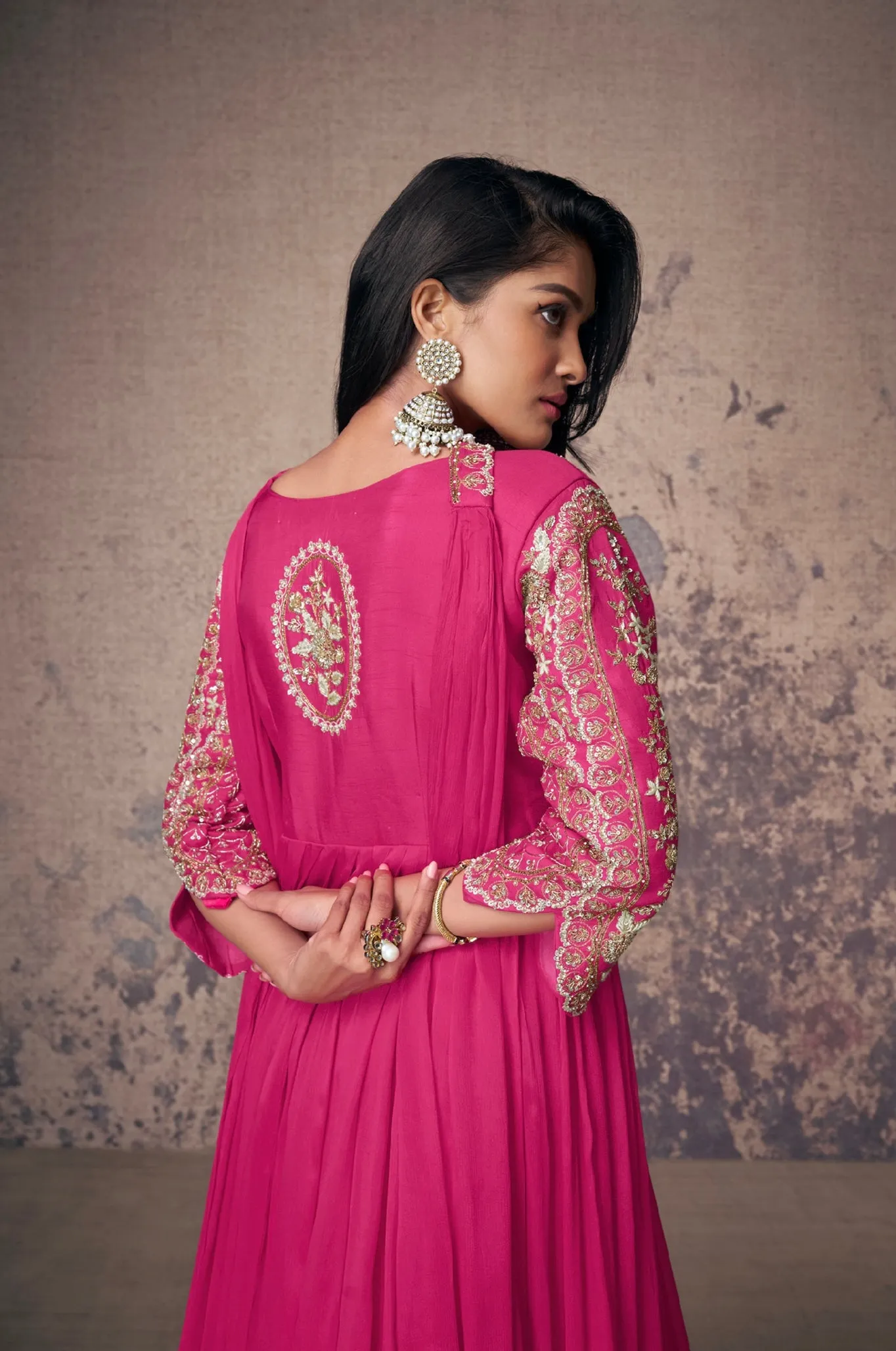 Magenta Real Chinon Silk Anarkali Suit with Gold Embroidery and Dupatta
