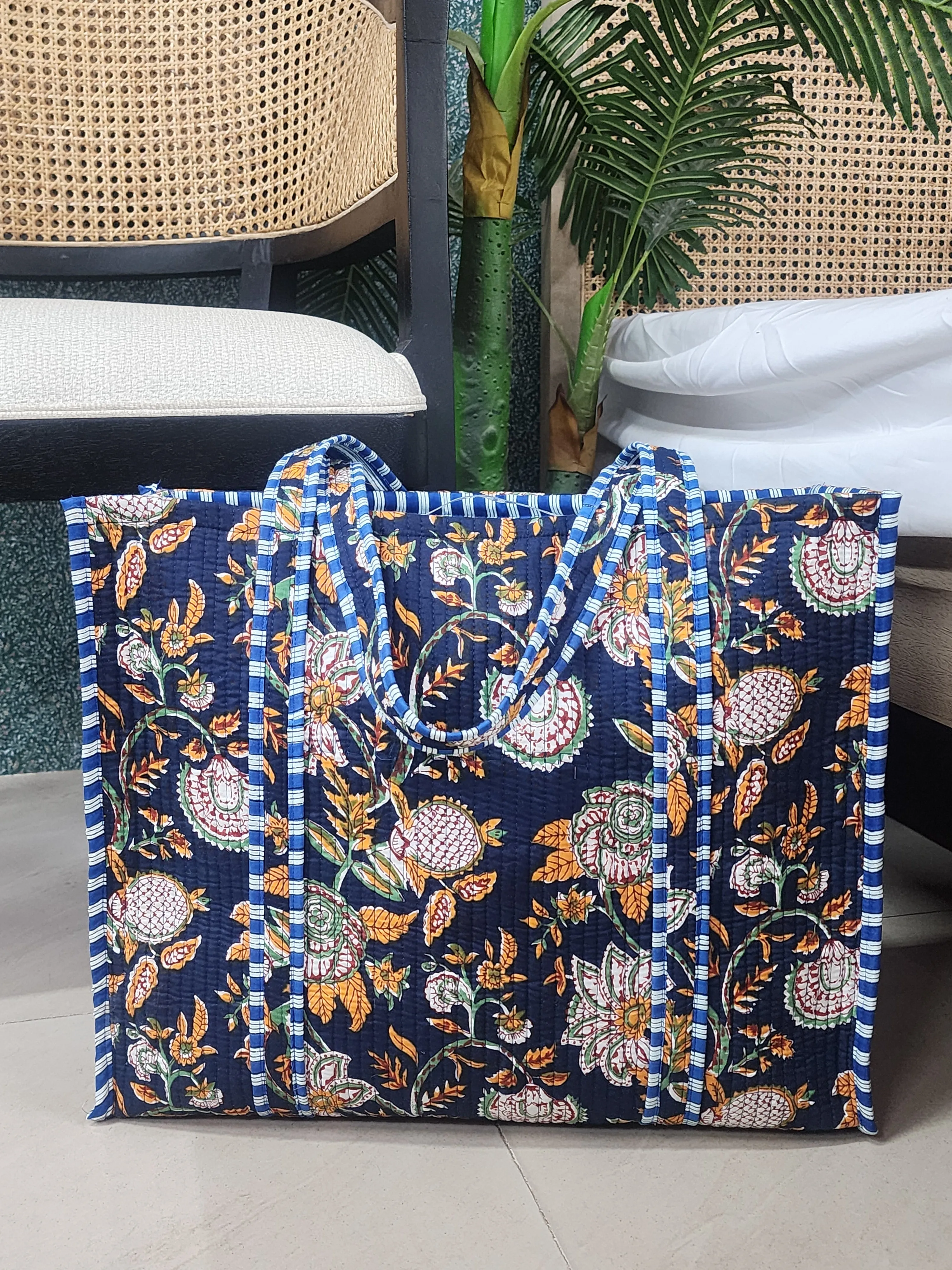 Navy Blue Jute Handblock Printed Tote Bag Without Zip