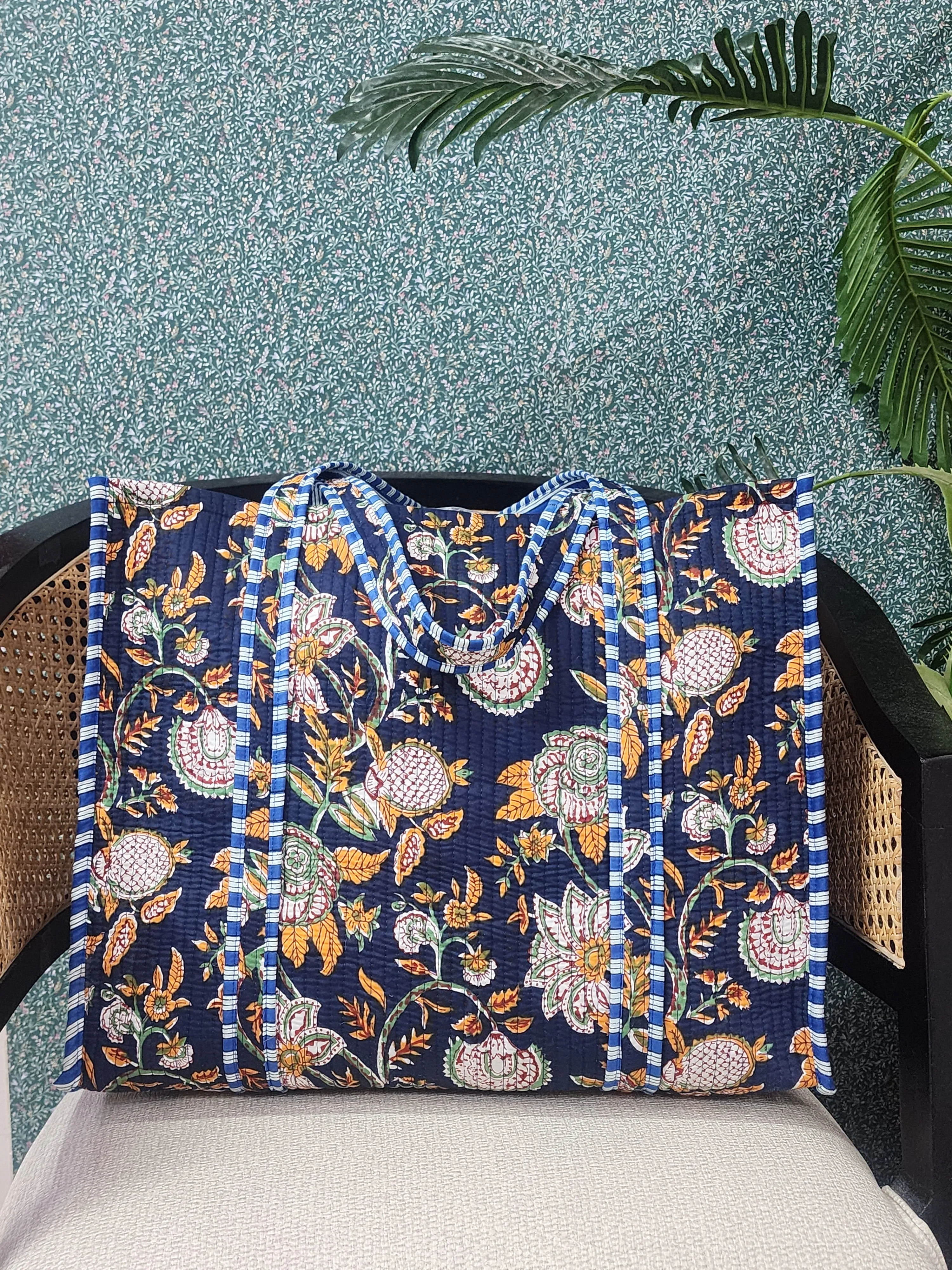 Navy Blue Jute Handblock Printed Tote Bag Without Zip