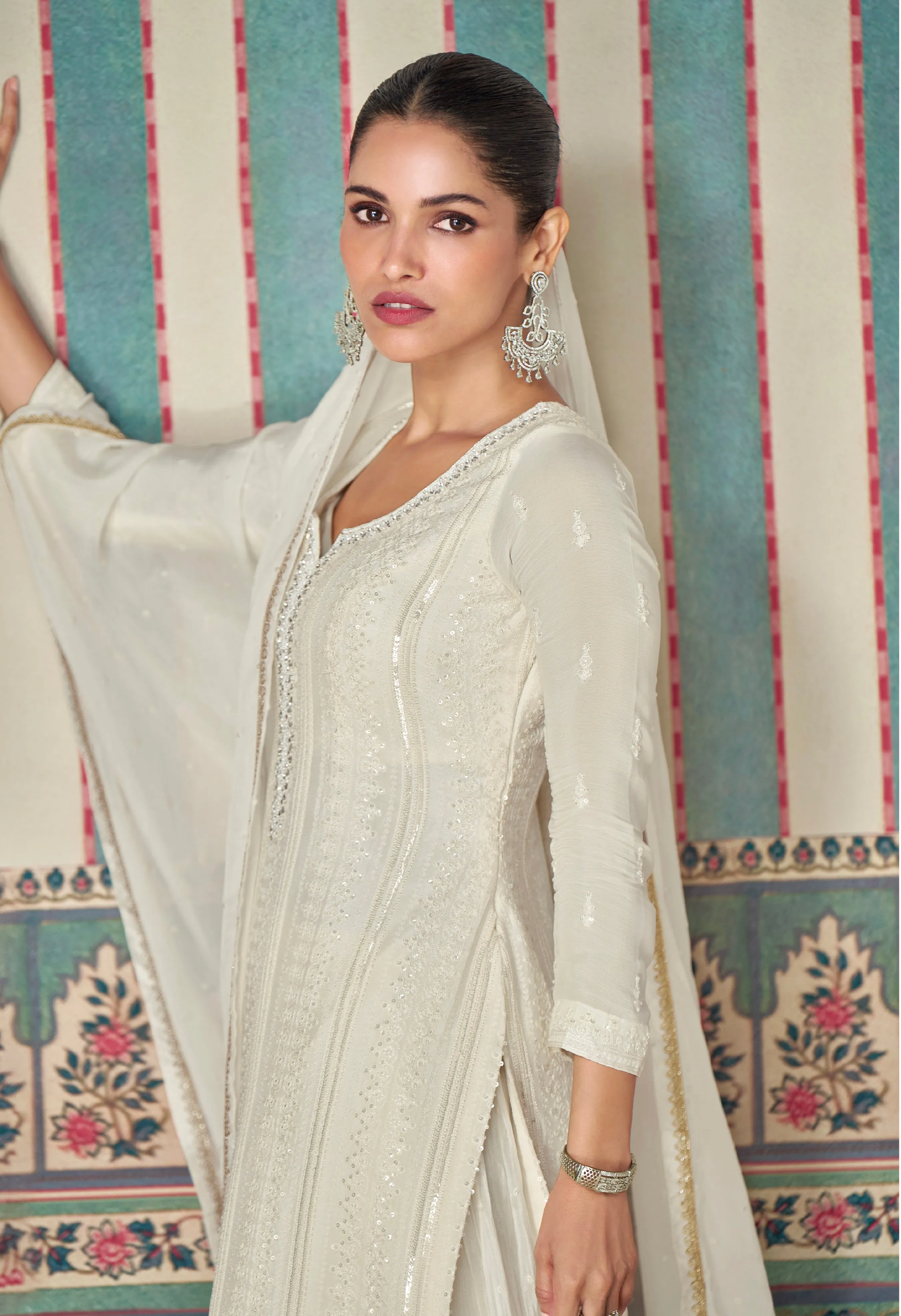 Off-White Premium Chinon Silk Embroidered Sharara Set