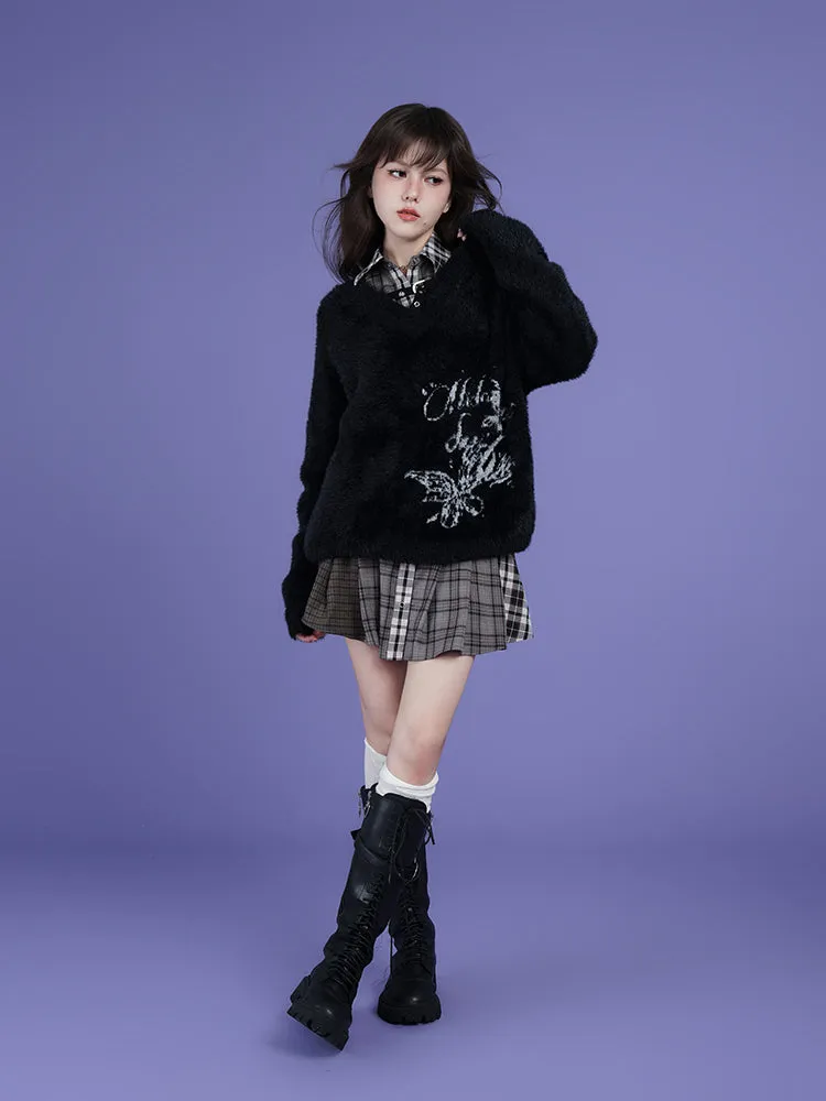 Street Style Black V-Neck Jacquard Loose Sweater