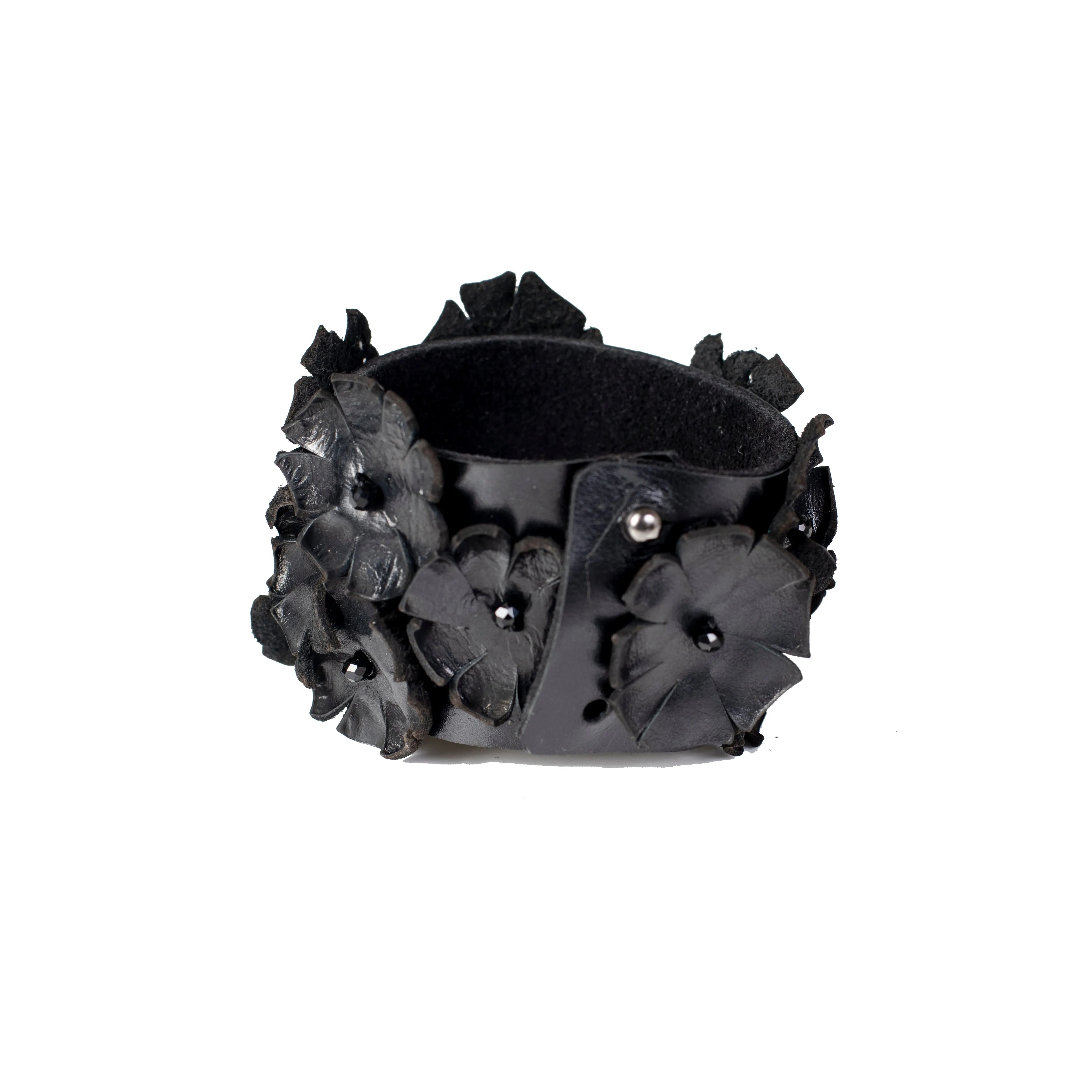 The Black Flower Leather Cuff with Beads