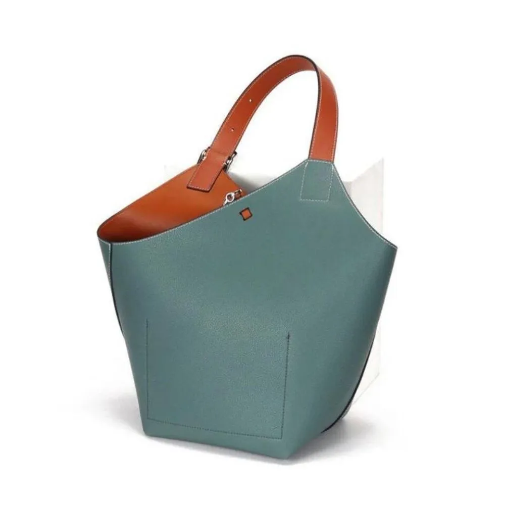 Womens Bucket Sea Green Leather Tote Bag