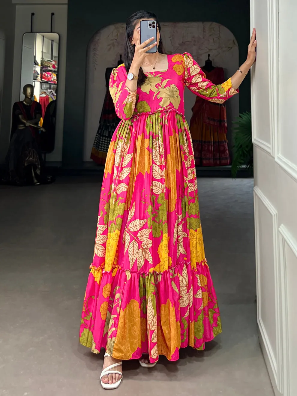 Women's Designer Pink Floral Printed Silk Event Wear Gown