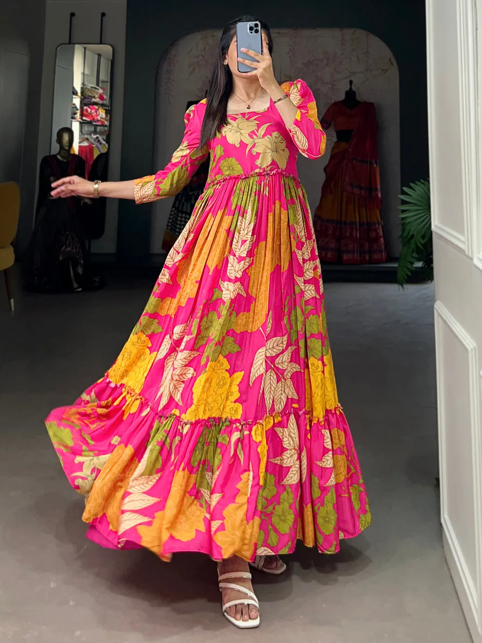 Women's Designer Pink Floral Printed Silk Event Wear Gown
