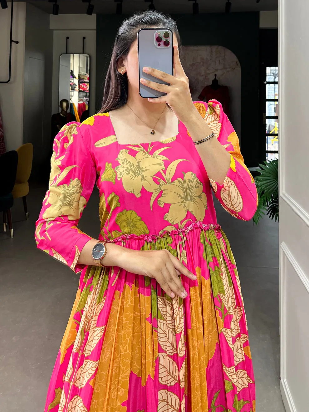 Women's Designer Pink Floral Printed Silk Event Wear Gown