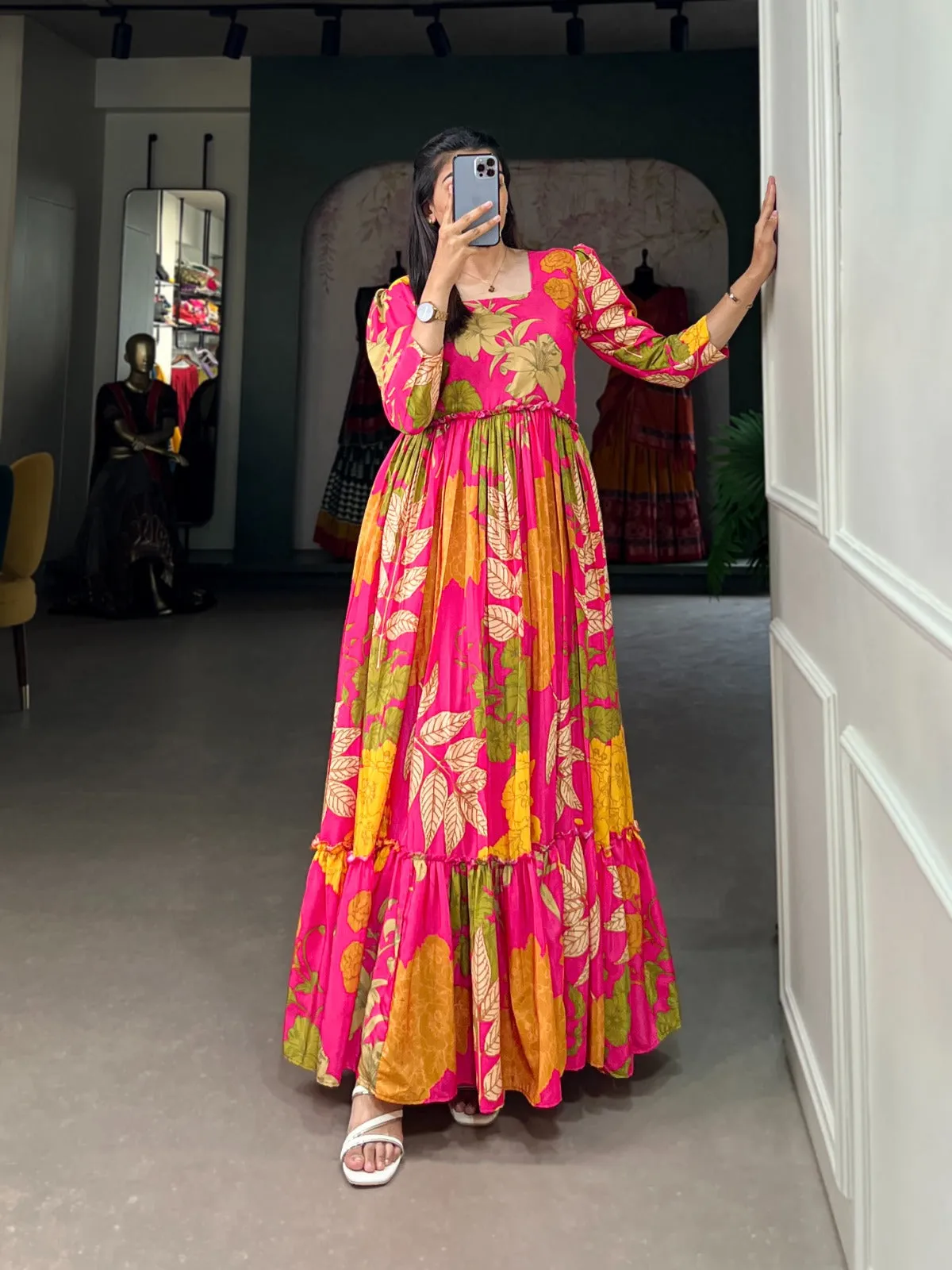 Women's Designer Pink Floral Printed Silk Event Wear Gown