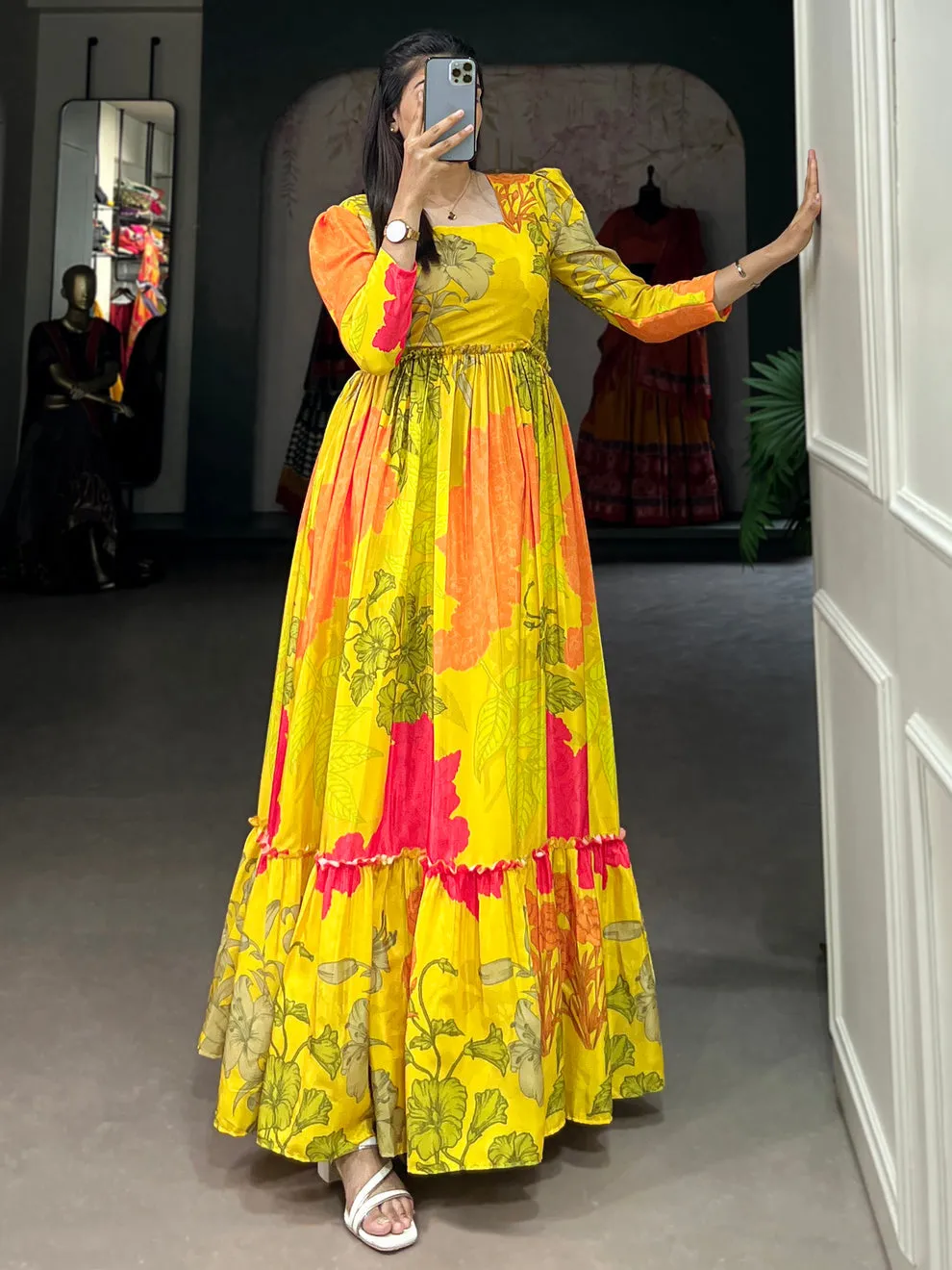 Women's Designer Yellow Floral Printed Silk Festival Wear Gown
