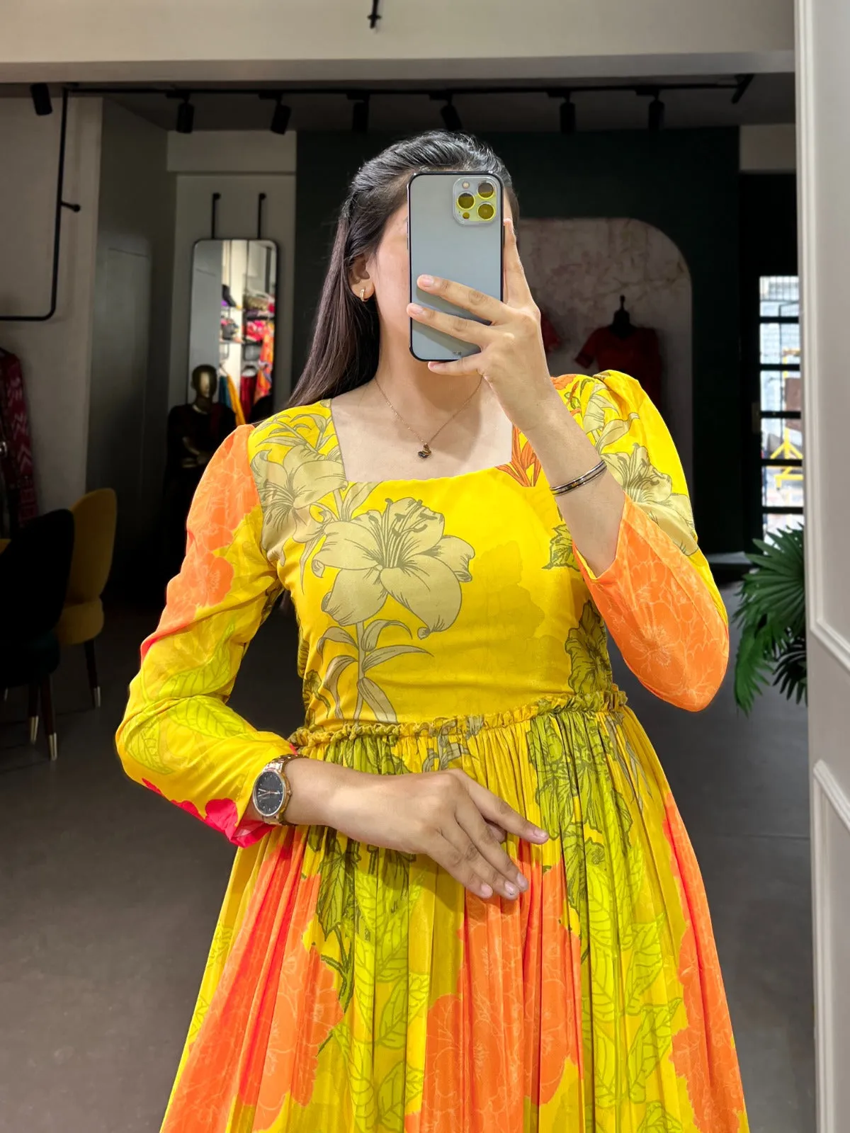 Women's Designer Yellow Floral Printed Silk Festival Wear Gown