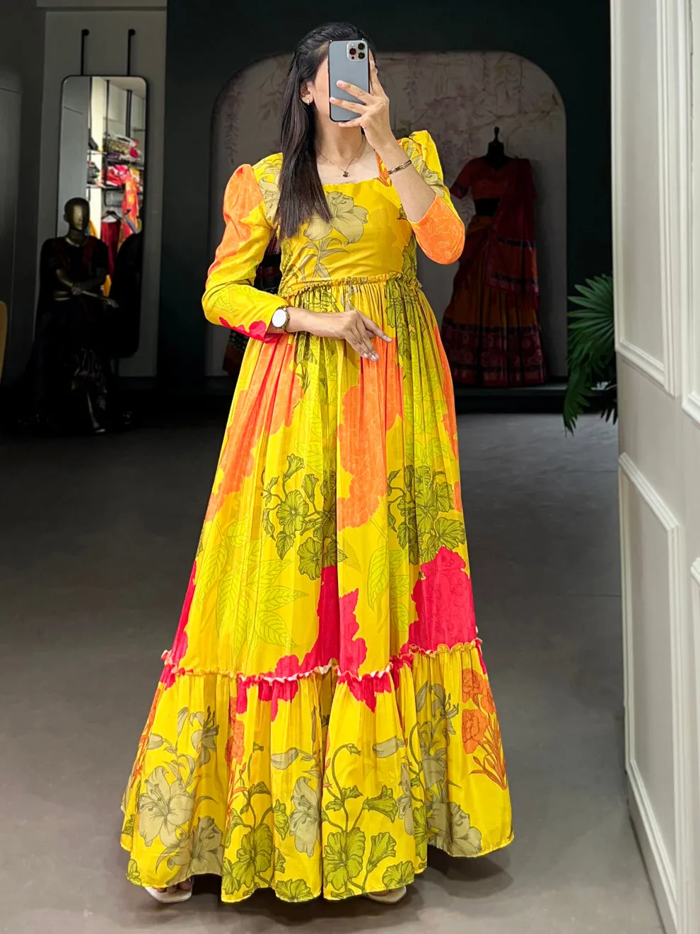 Women's Designer Yellow Floral Printed Silk Festival Wear Gown