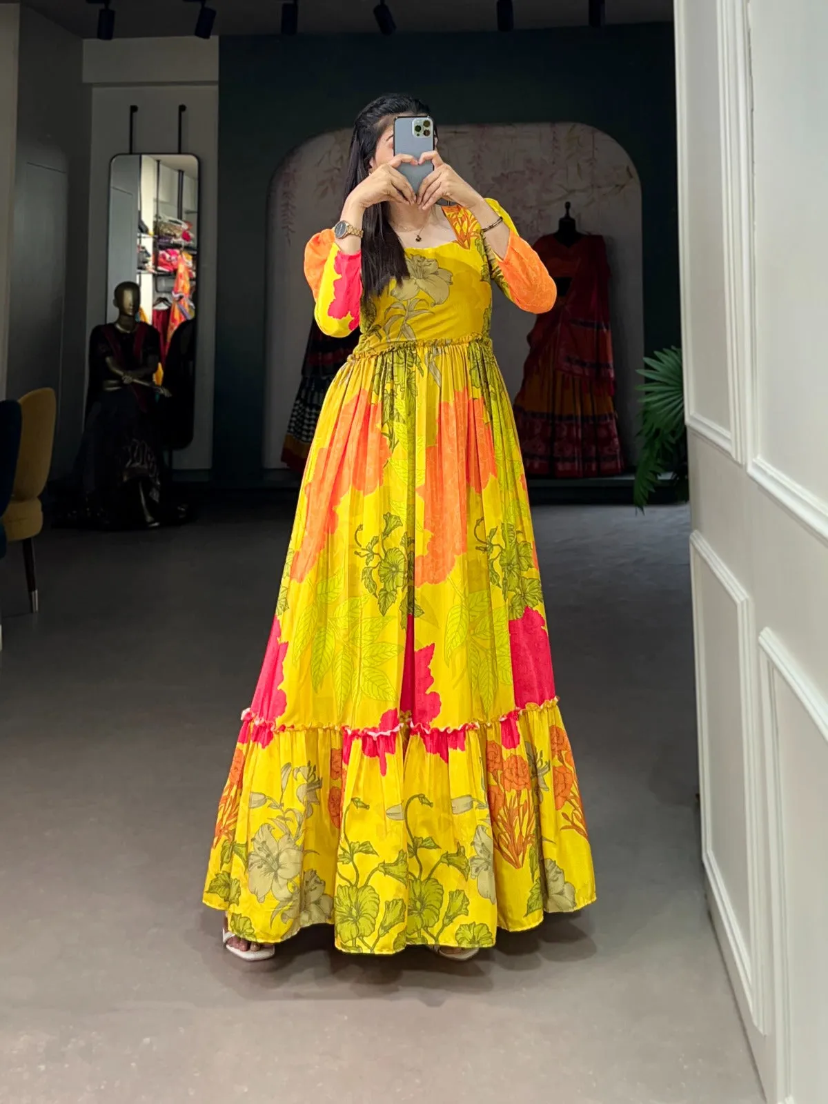 Women's Designer Yellow Floral Printed Silk Festival Wear Gown