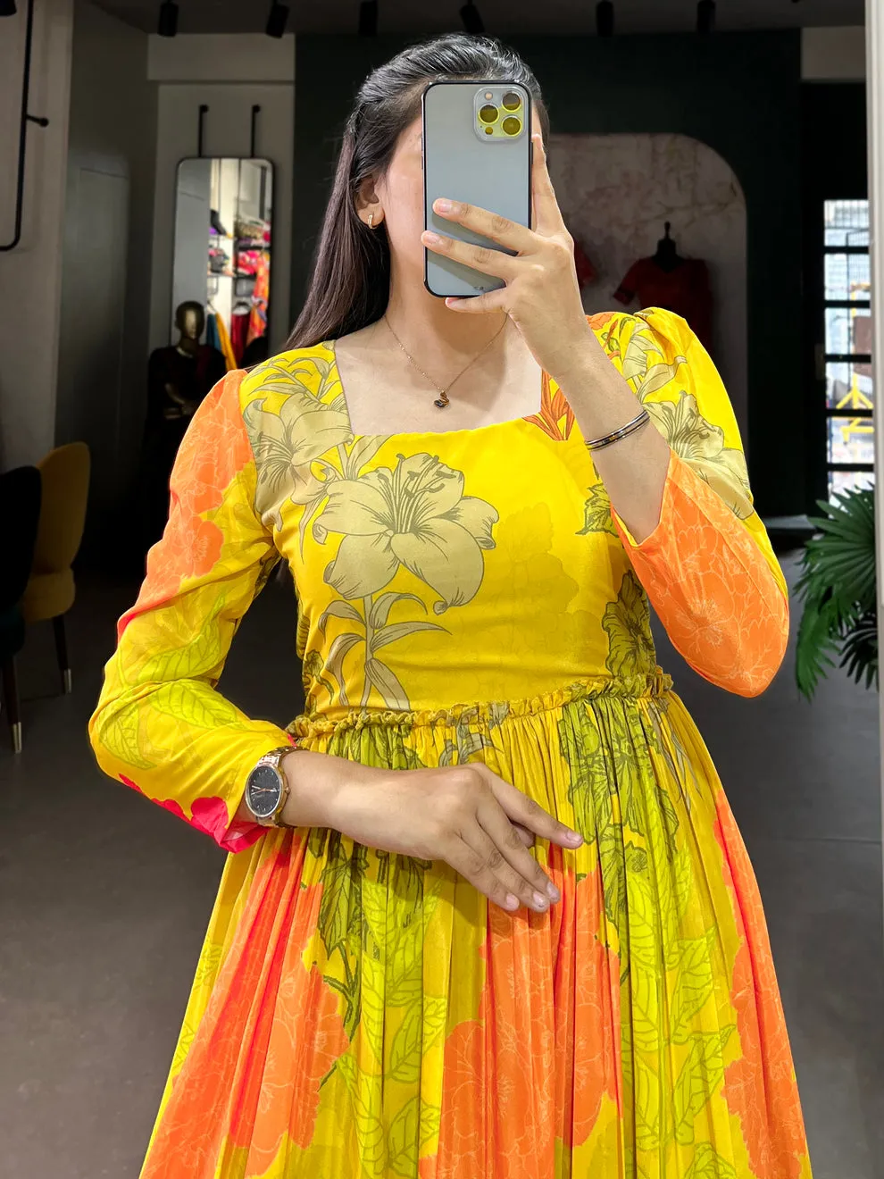 Women's Designer Yellow Floral Printed Silk Festival Wear Gown