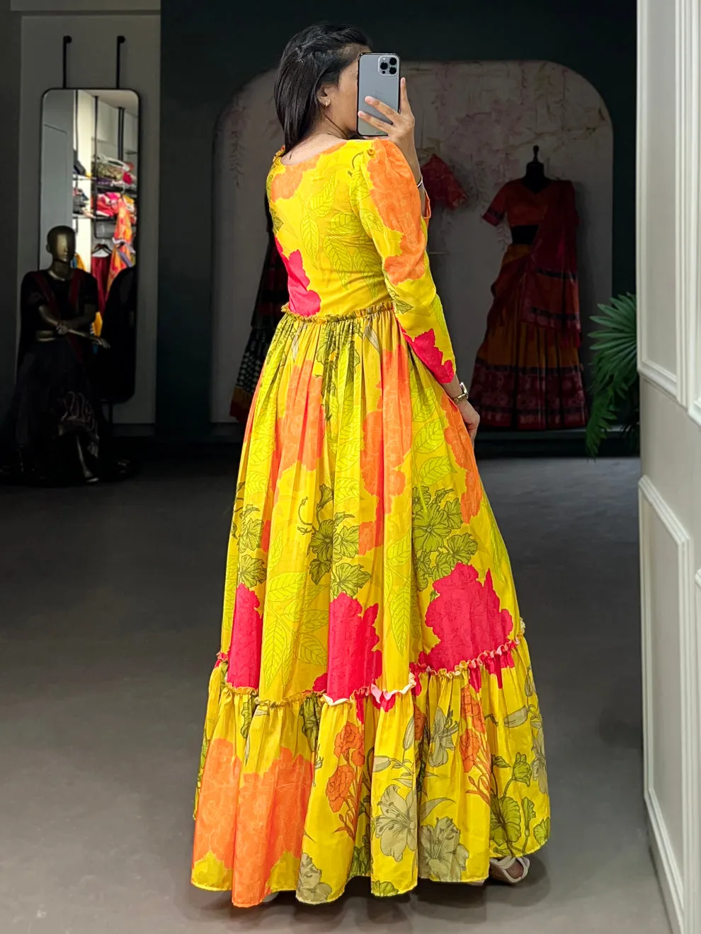 Women's Designer Yellow Floral Printed Silk Festival Wear Gown