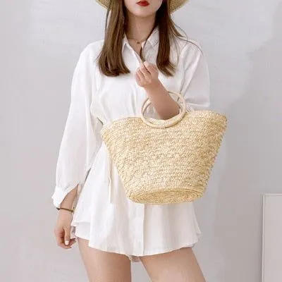 Women's Handbag Summer Beach Tote Bag Handmade Woven Natural Straw Large Capacity